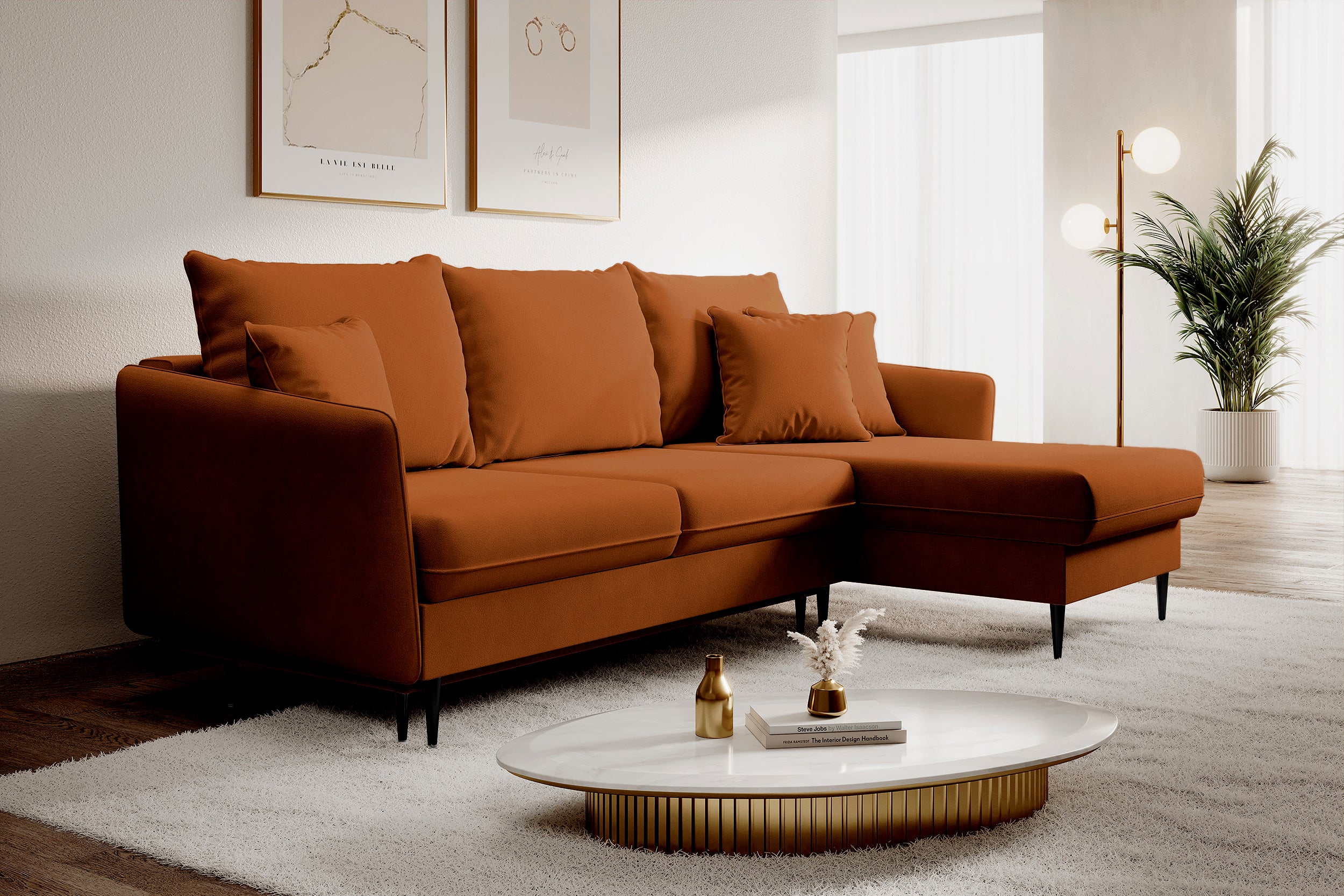 Ecksofa mit Schlaffunktion Volio, kupferfarbener wasserabweisender Samt, universell, schwarze Beine