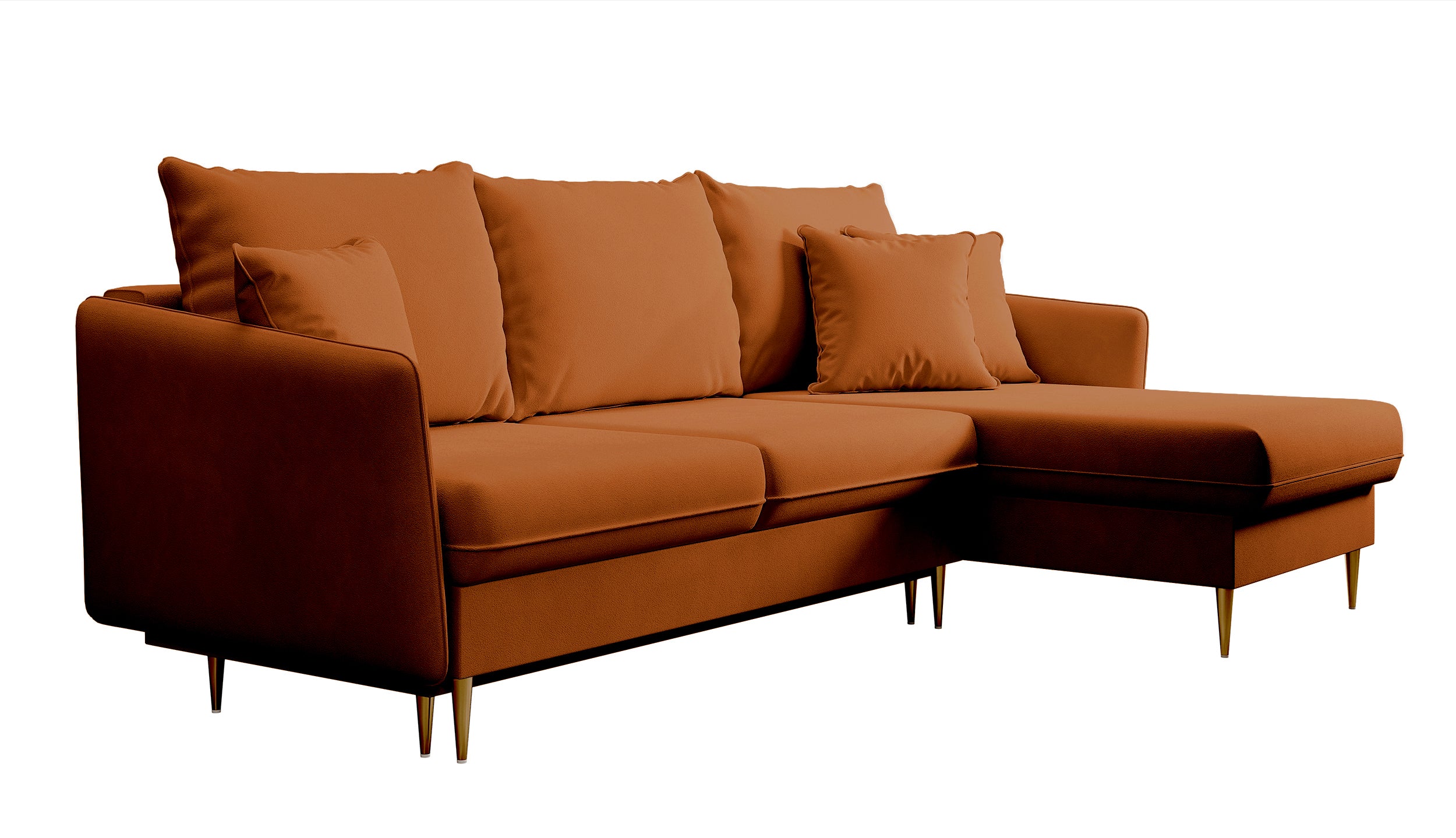 Ecksofa mit Schlafunktion Volio, kupferfarbener wasserabweisender Samt, universell, goldene Beine
