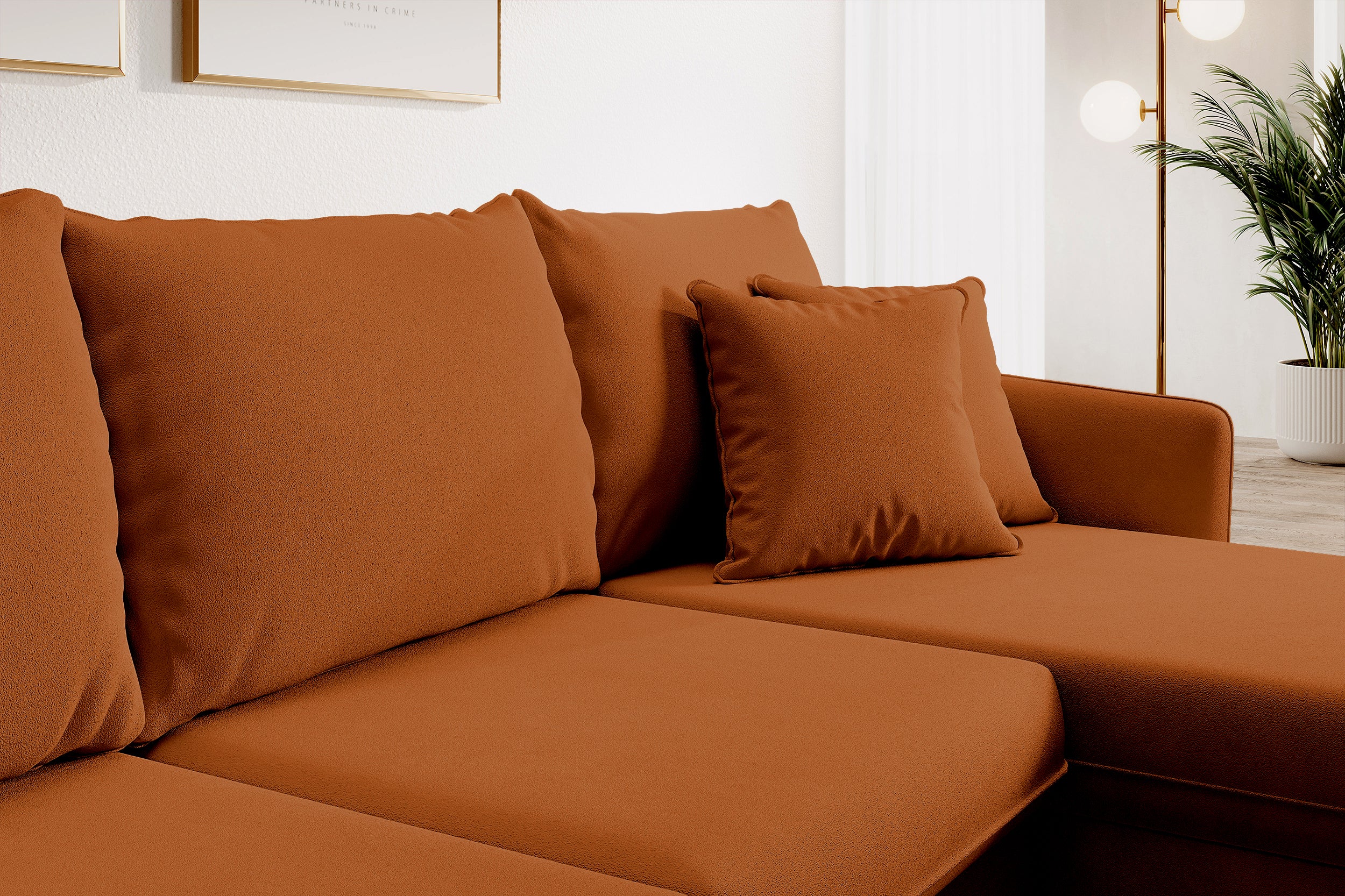 Ecksofa mit Schlafunktion Volio, kupferfarbener wasserabweisender Samt, universell, goldene Beine