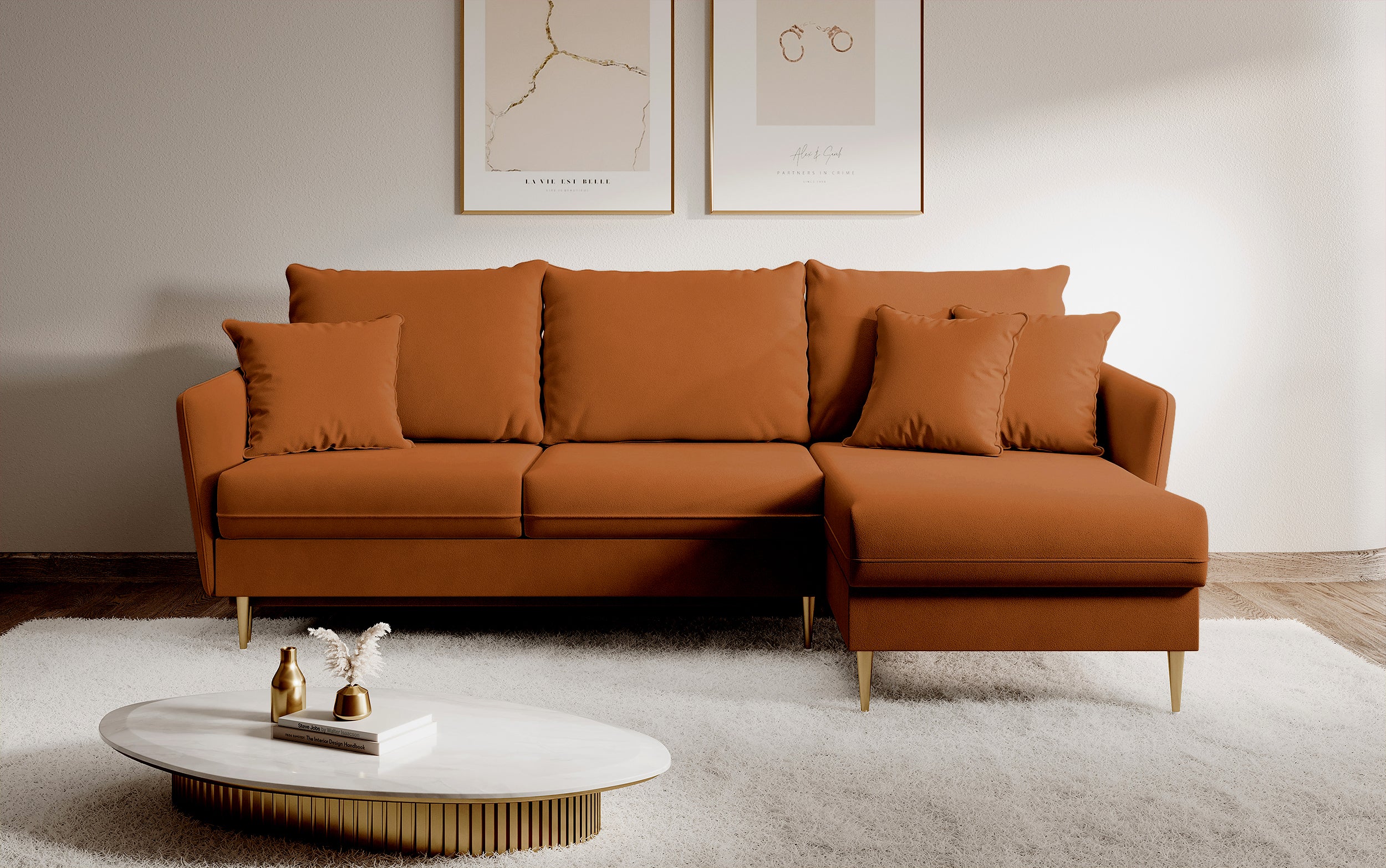 Ecksofa mit Schlafunktion Volio, kupferfarbener wasserabweisender Samt, universell, goldene Beine