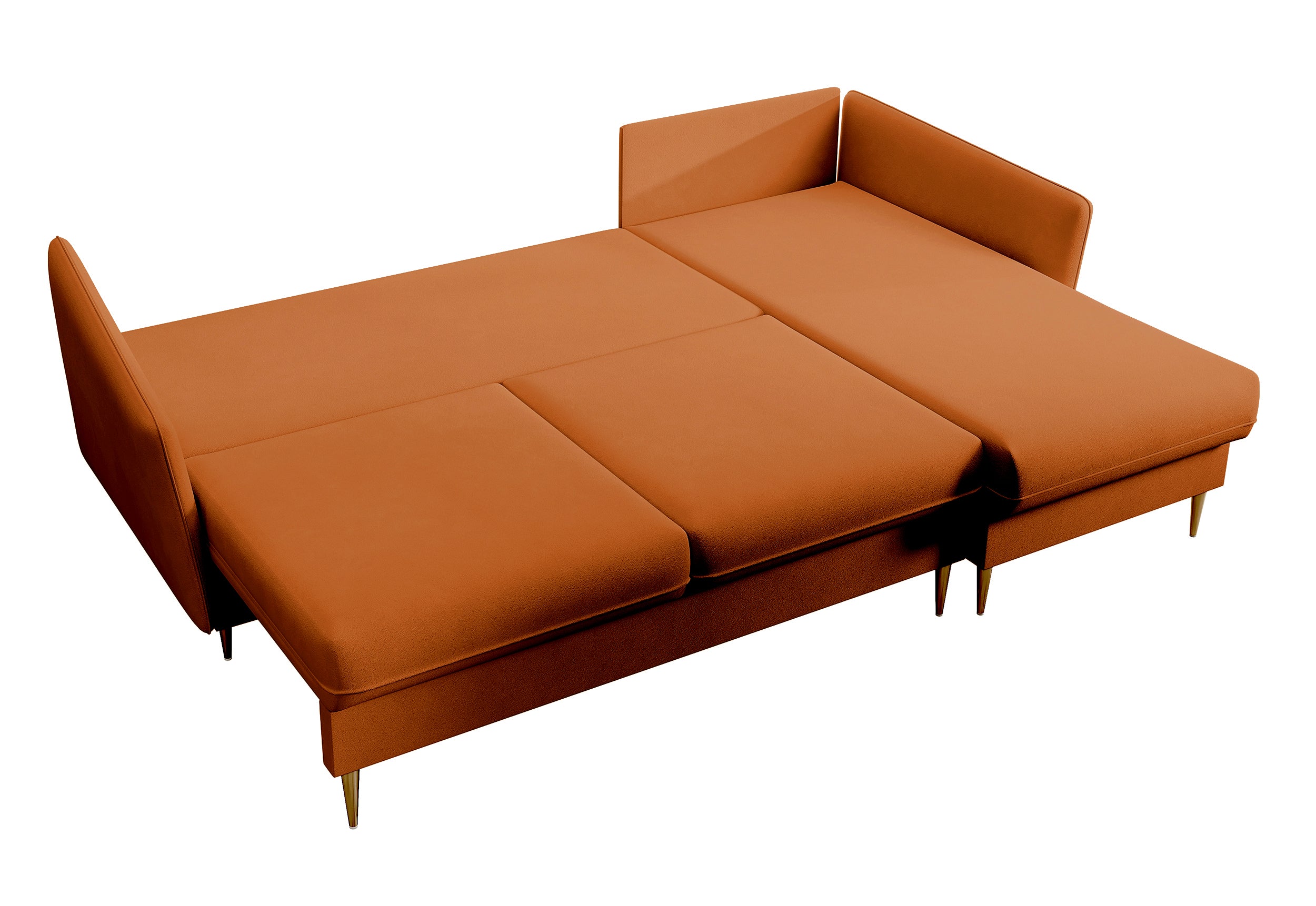 Ecksofa mit Schlafunktion Volio, kupferfarbener wasserabweisender Samt, universell, goldene Beine