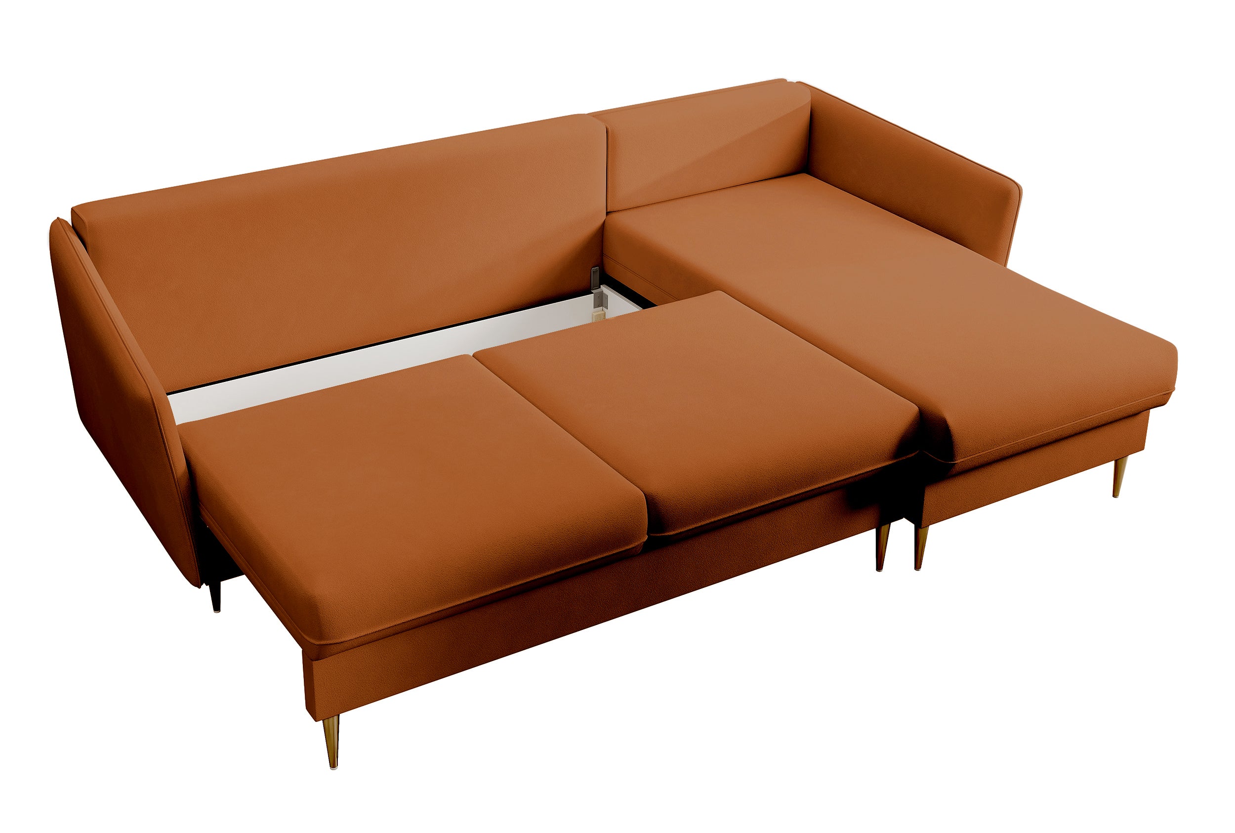 Ecksofa mit Schlafunktion Volio, kupferfarbener wasserabweisender Samt, universell, goldene Beine