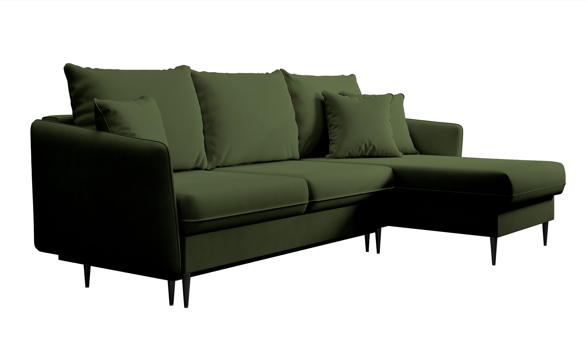 Ecksofa mit Schlaffunktion Volio, olivgrüner wasserabweisender Samt, schwarze Beine