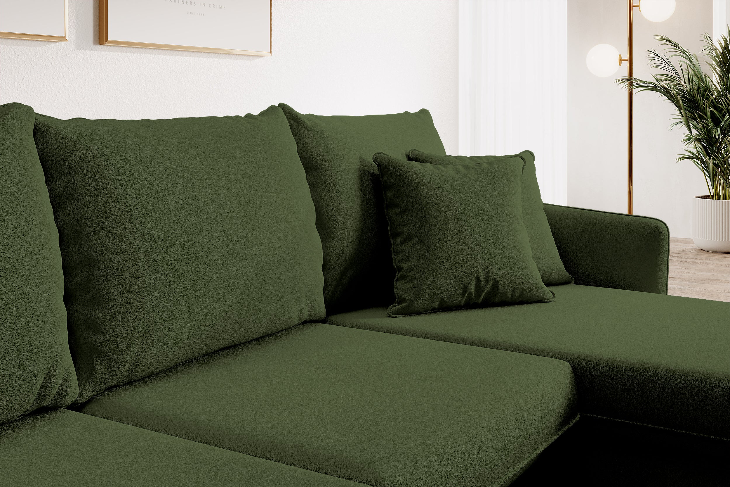 Ecksofa mit Schlaffunktion Volio, olivgrüner wasserabweisender Samt, schwarze Beine