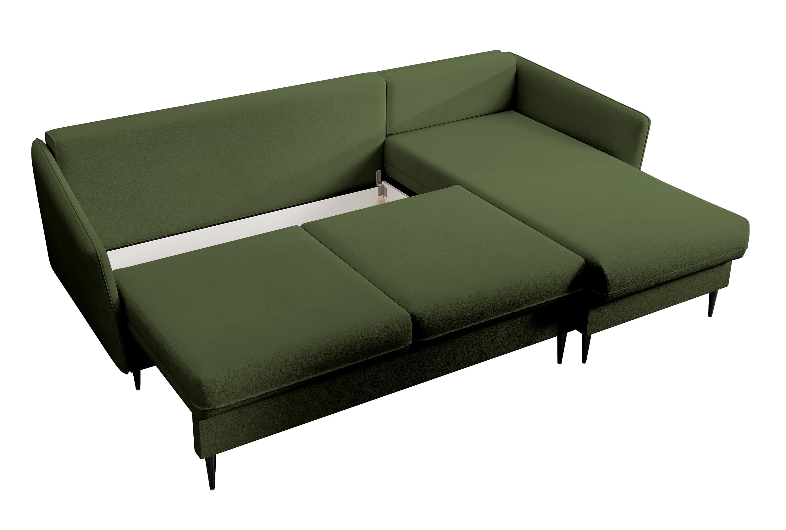 Ecksofa mit Schlaffunktion Volio, olivgrüner wasserabweisender Samt, schwarze Beine
