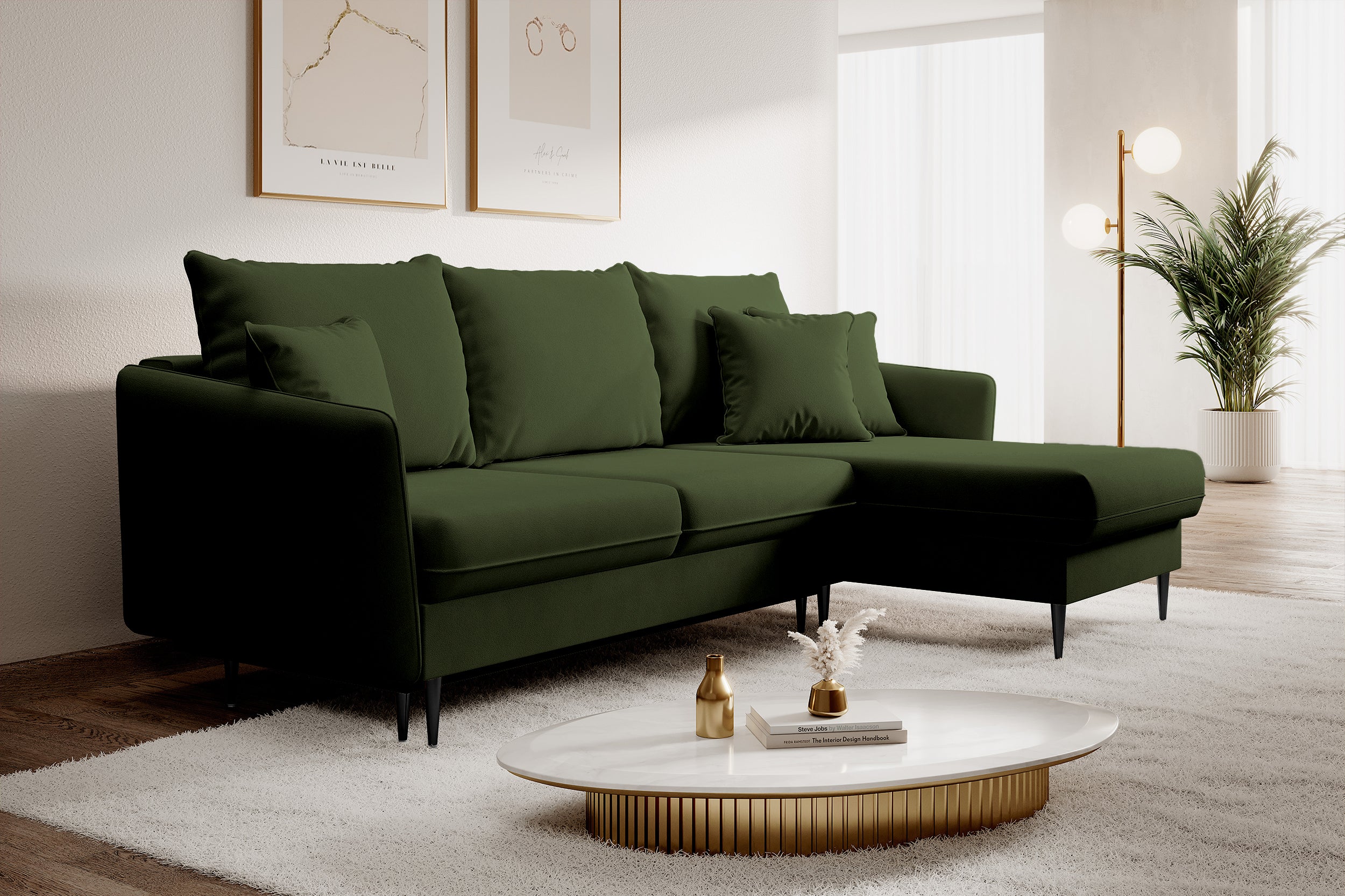 Ecksofa mit Schlaffunktion Volio, olivgrüner wasserabweisender Samt, schwarze Beine