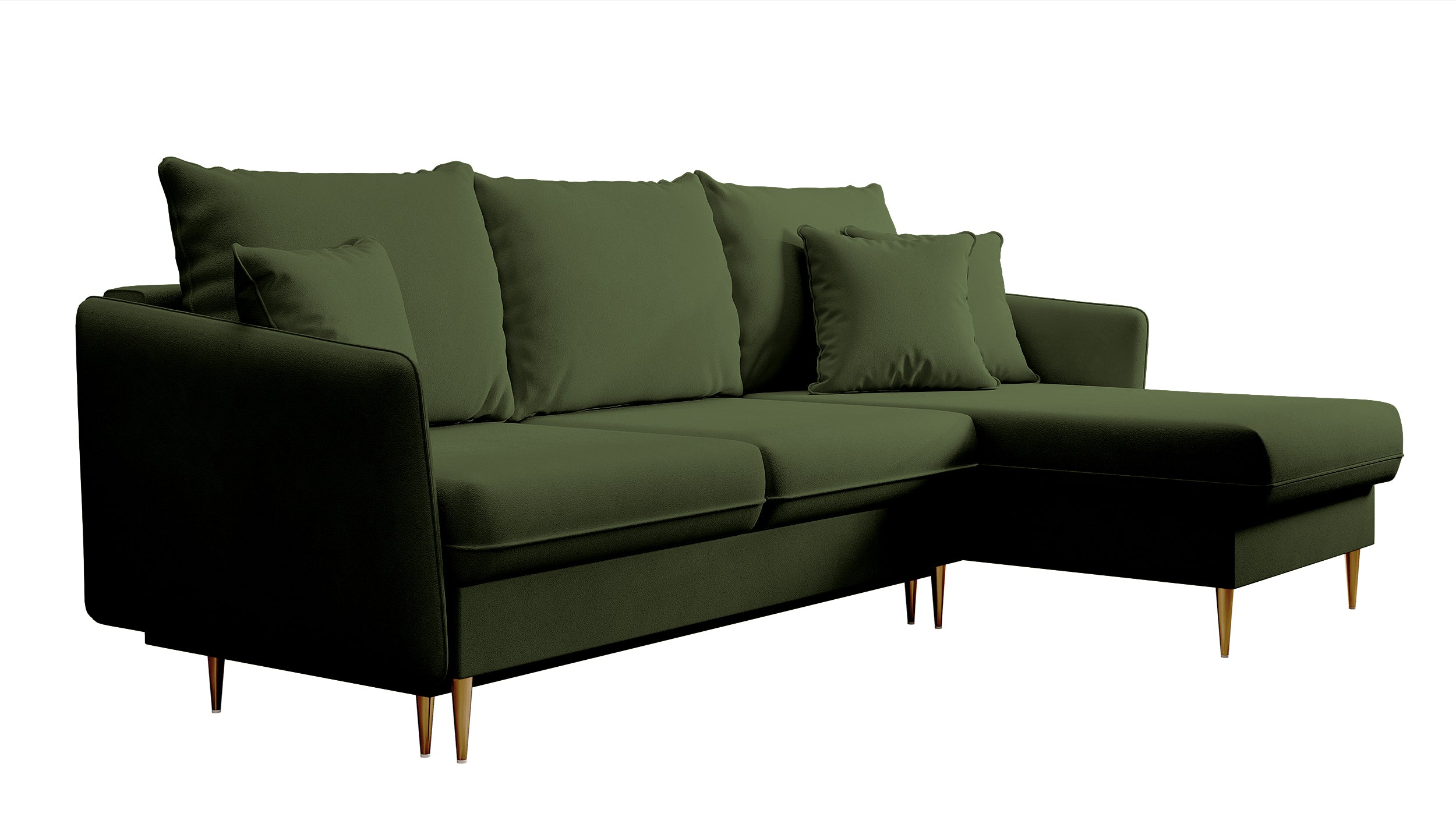 Ecksofa mit Schlaffunktion Volio olivgrüner, wasserabweisender Samt, goldene Beine