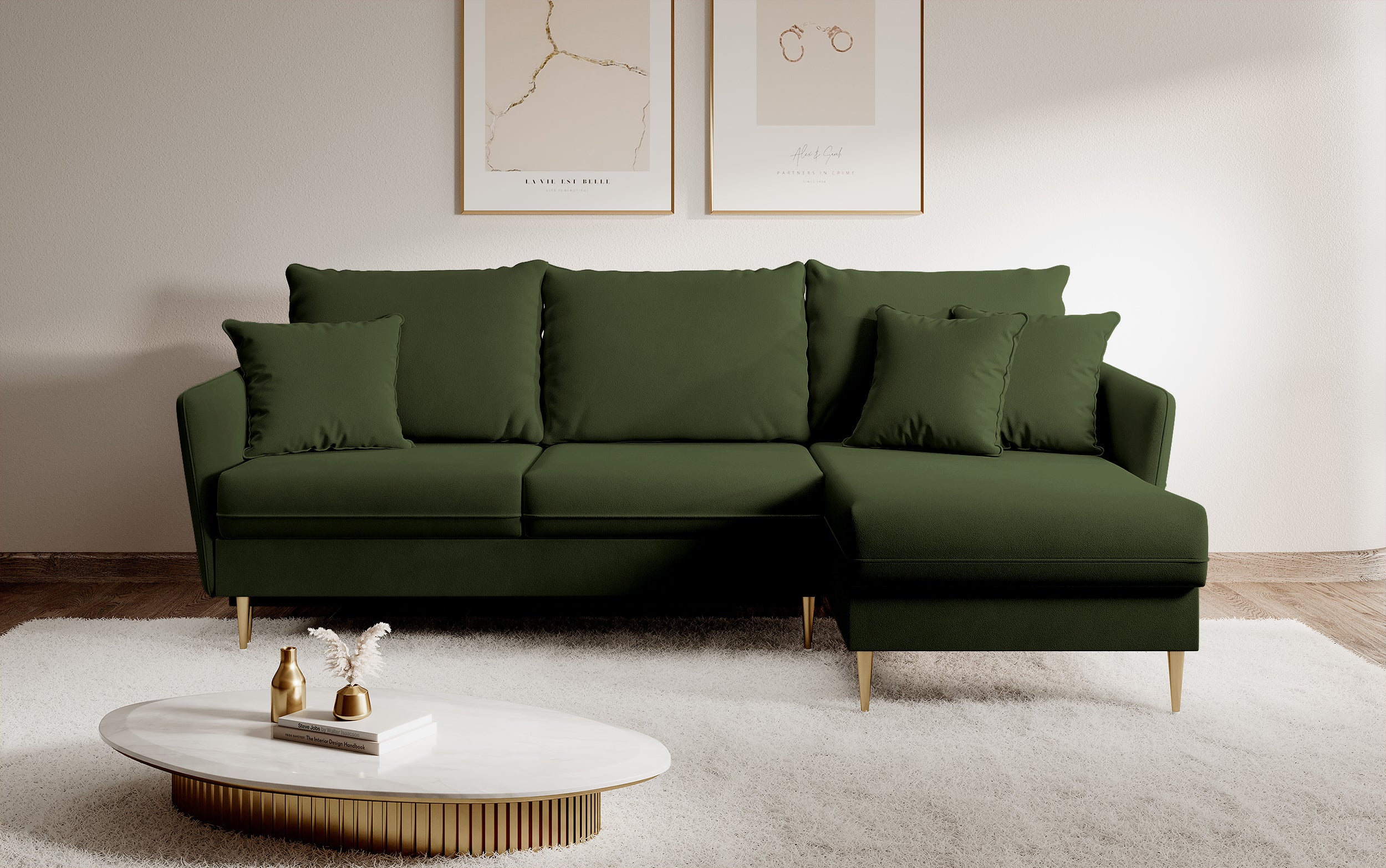 Ecksofa mit Schlaffunktion Volio olivgrüner, wasserabweisender Samt, goldene Beine