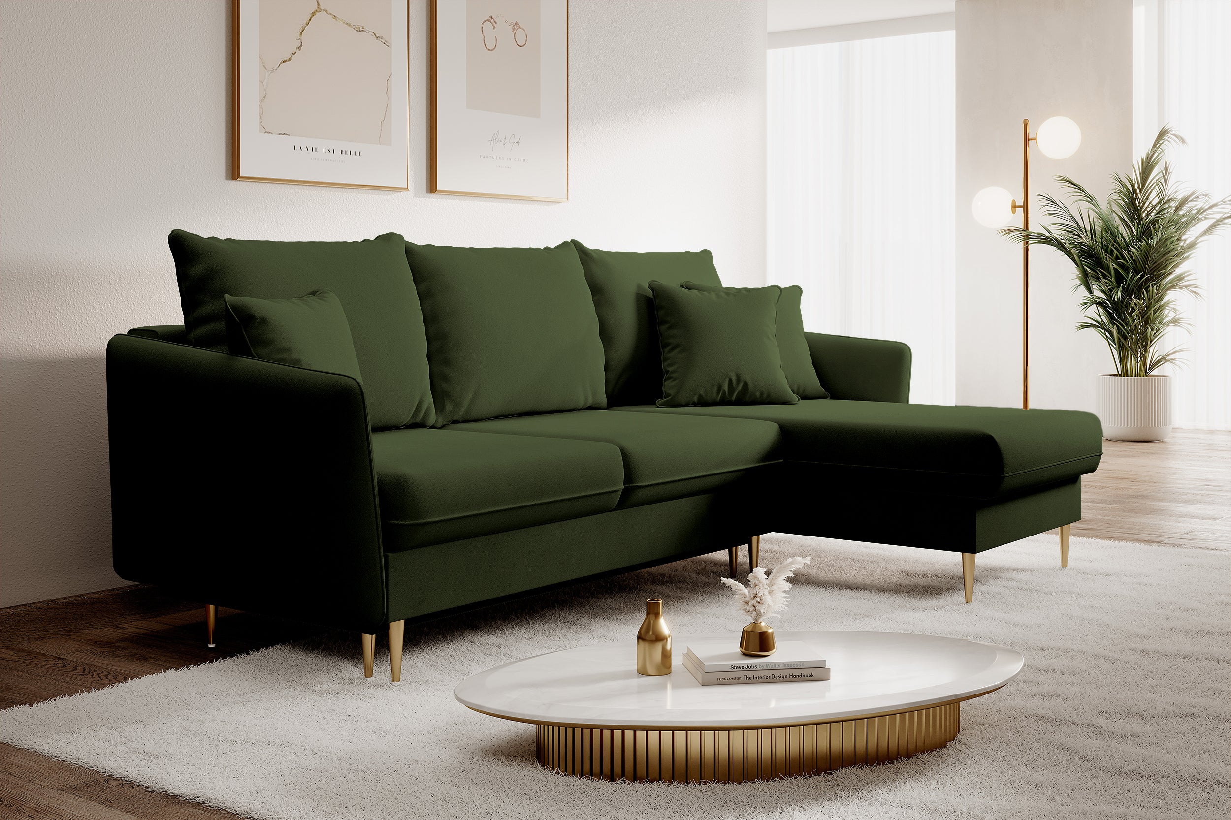 Ecksofa mit Schlaffunktion Volio olivgrüner, wasserabweisender Samt, goldene Beine