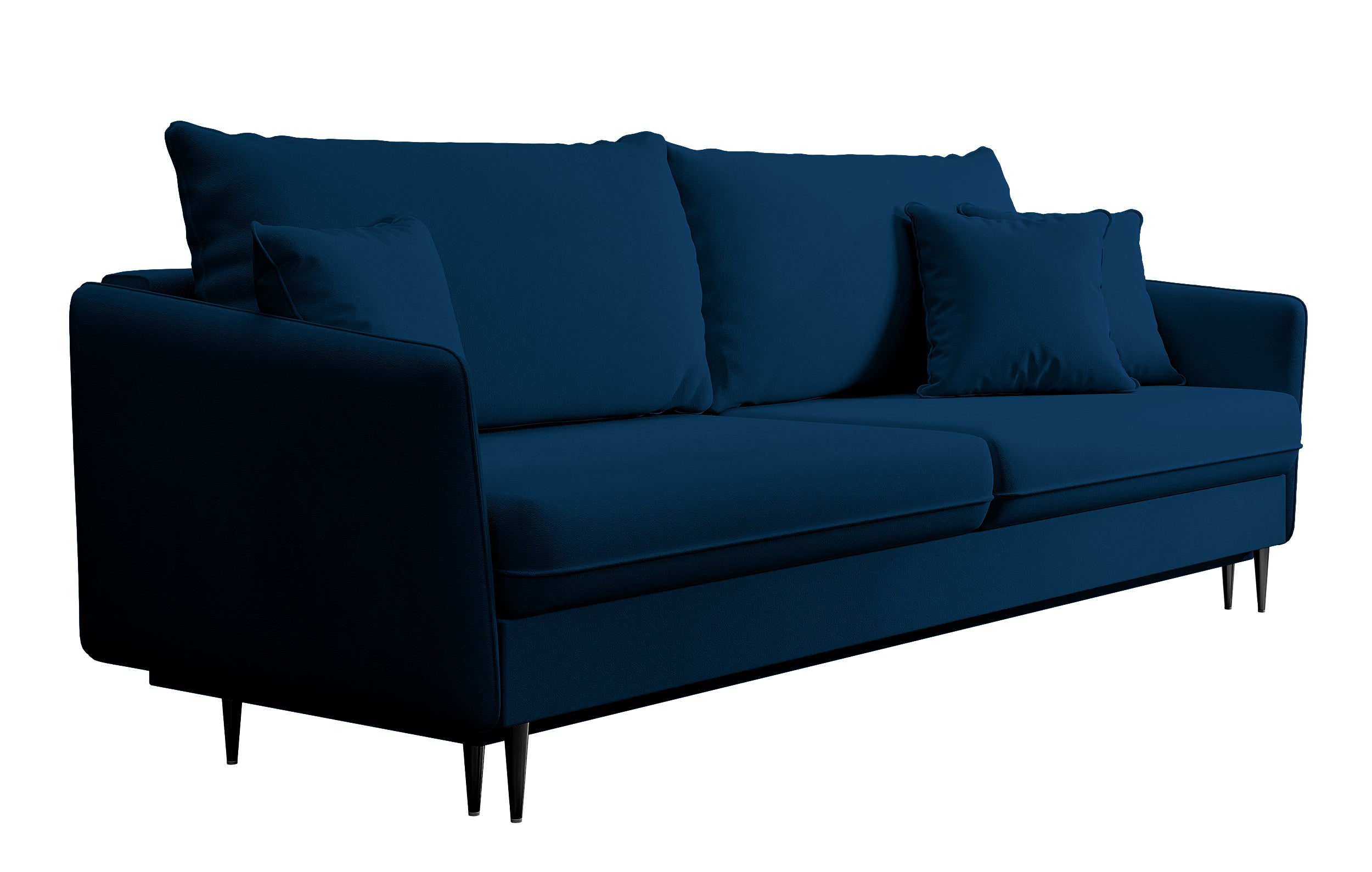 Dreisitziges ausklappbares Sofa Volio, samtblau, wasserabweisend, schwarze Beine