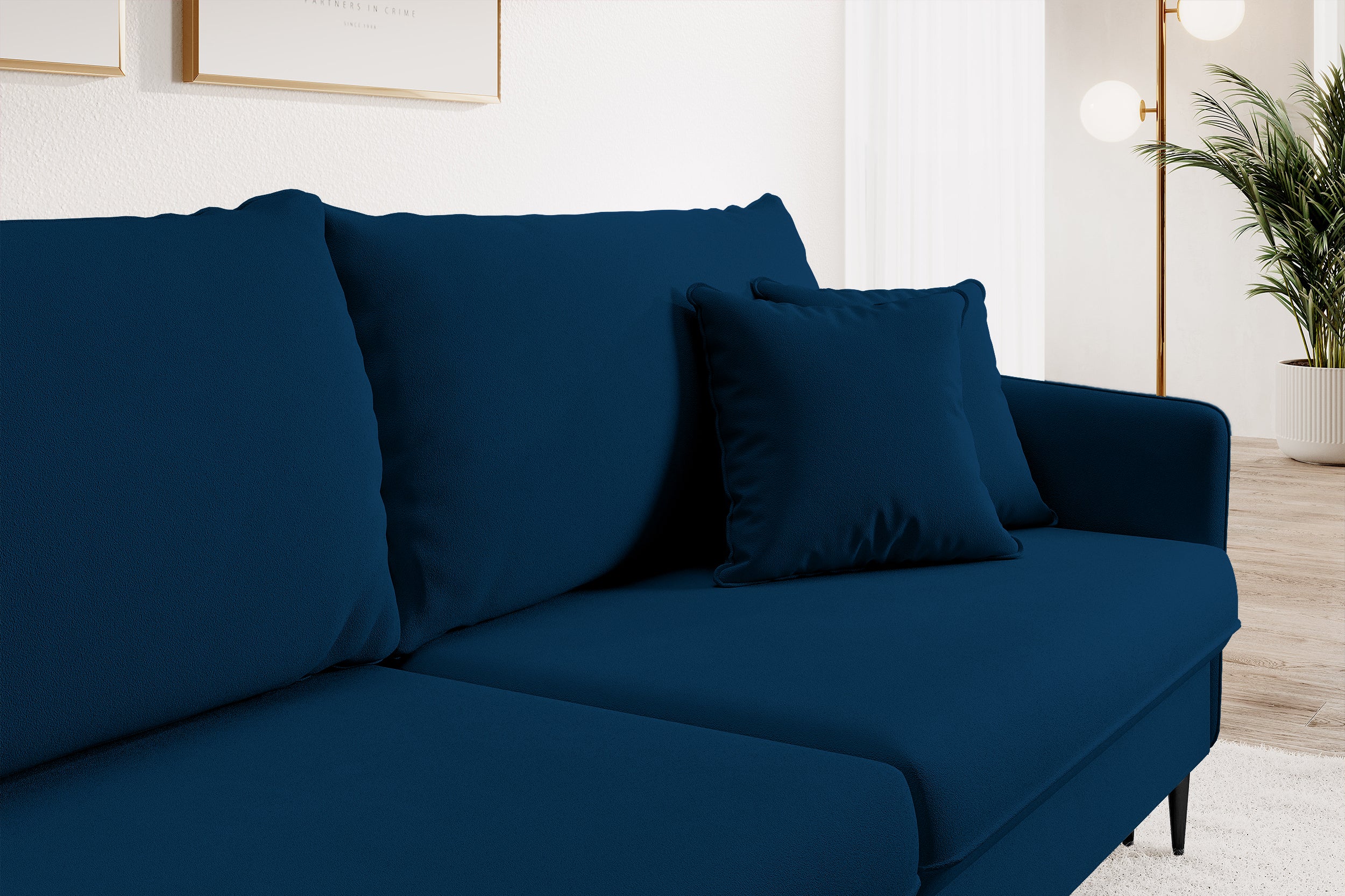 Dreisitziges ausklappbares Sofa Volio, samtblau, wasserabweisend, schwarze Beine