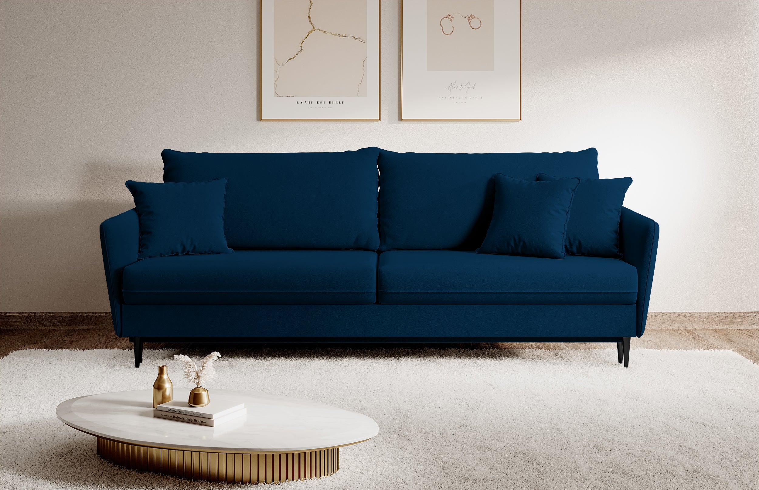 Dreisitziges ausklappbares Sofa Volio, samtblau, wasserabweisend, schwarze Beine