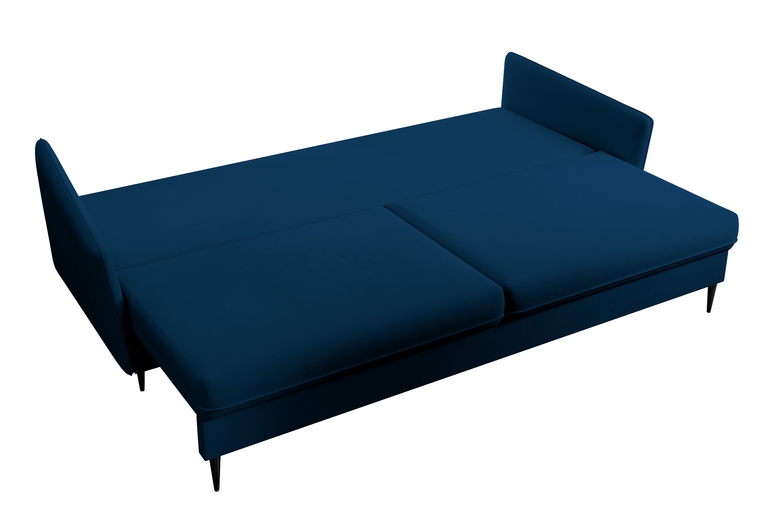 Dreisitziges ausklappbares Sofa Volio, samtblau, wasserabweisend, schwarze Beine