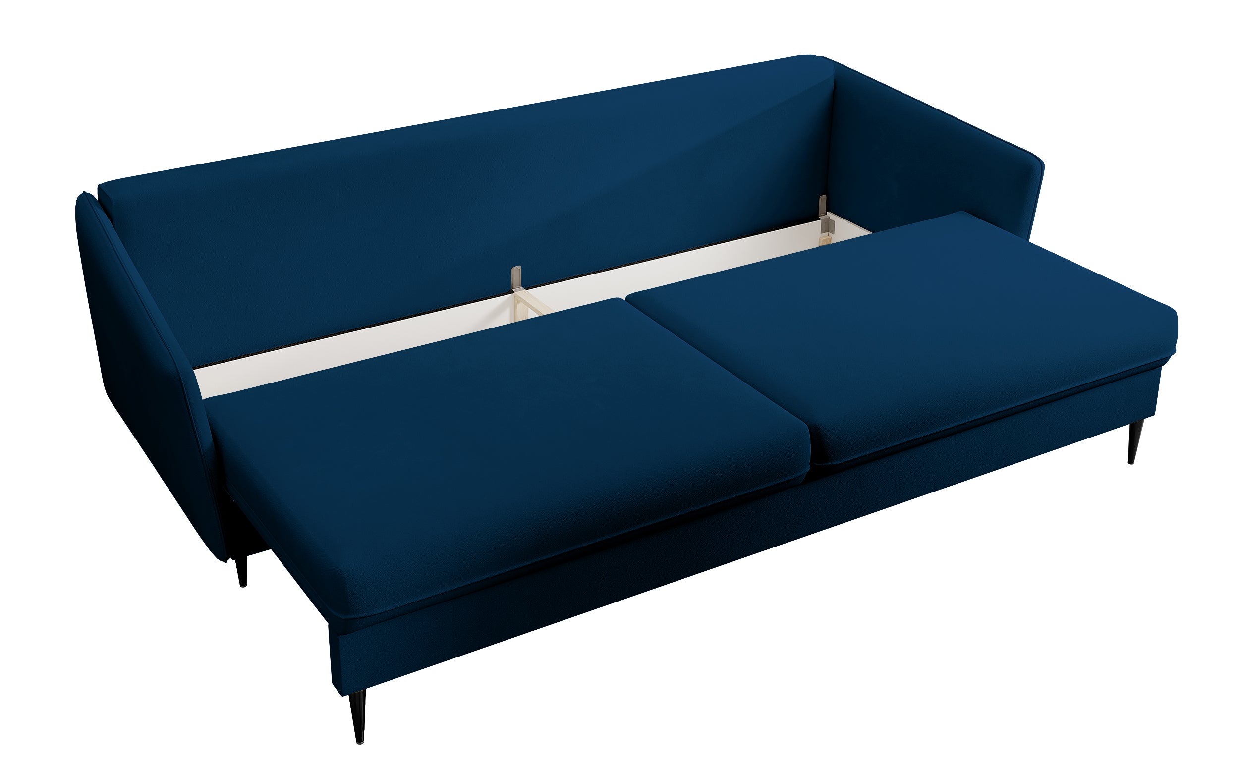 Dreisitziges ausklappbares Sofa Volio, samtblau, wasserabweisend, schwarze Beine