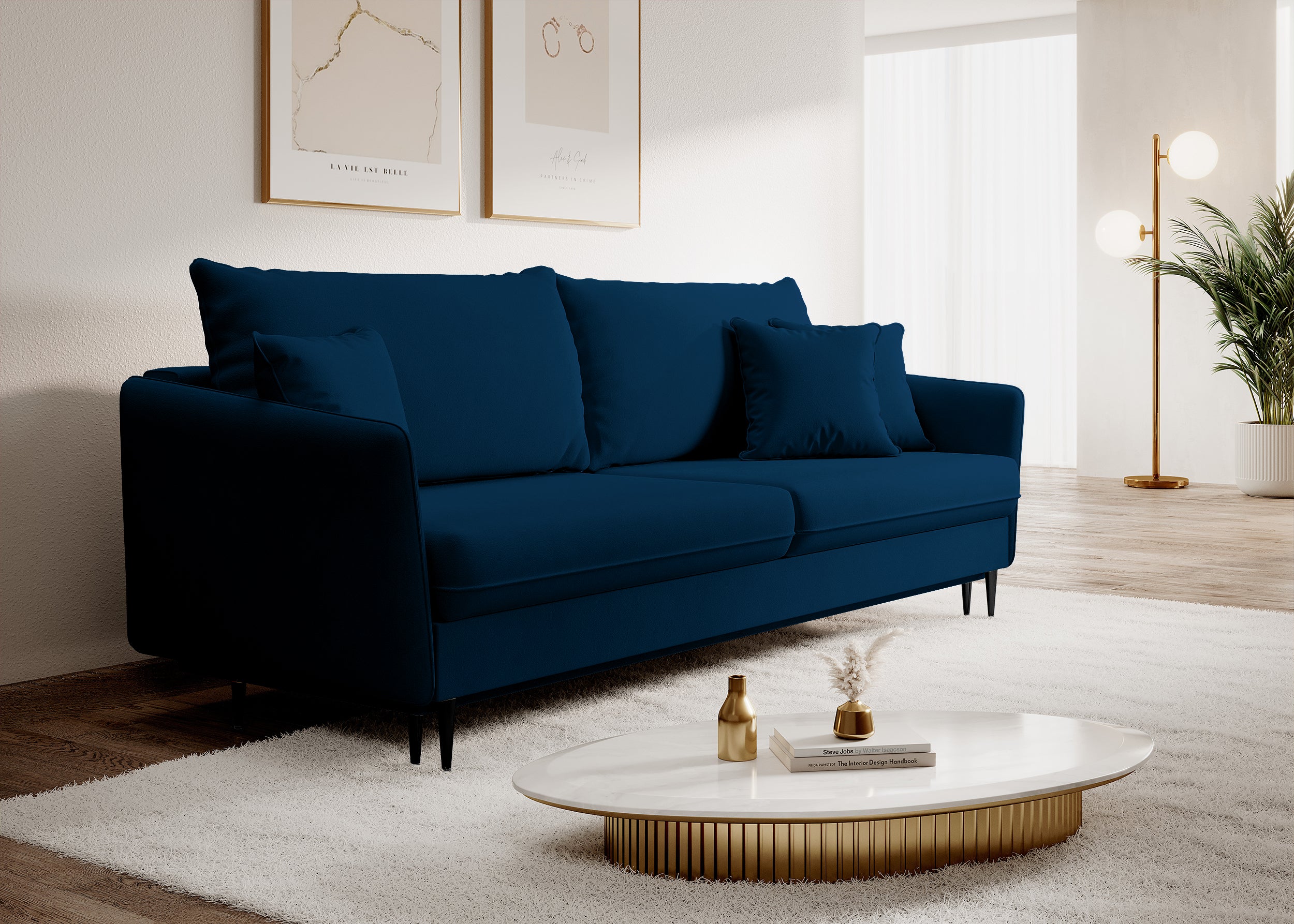 Dreisitziges ausklappbares Sofa Volio, samtblau, wasserabweisend, schwarze Beine
