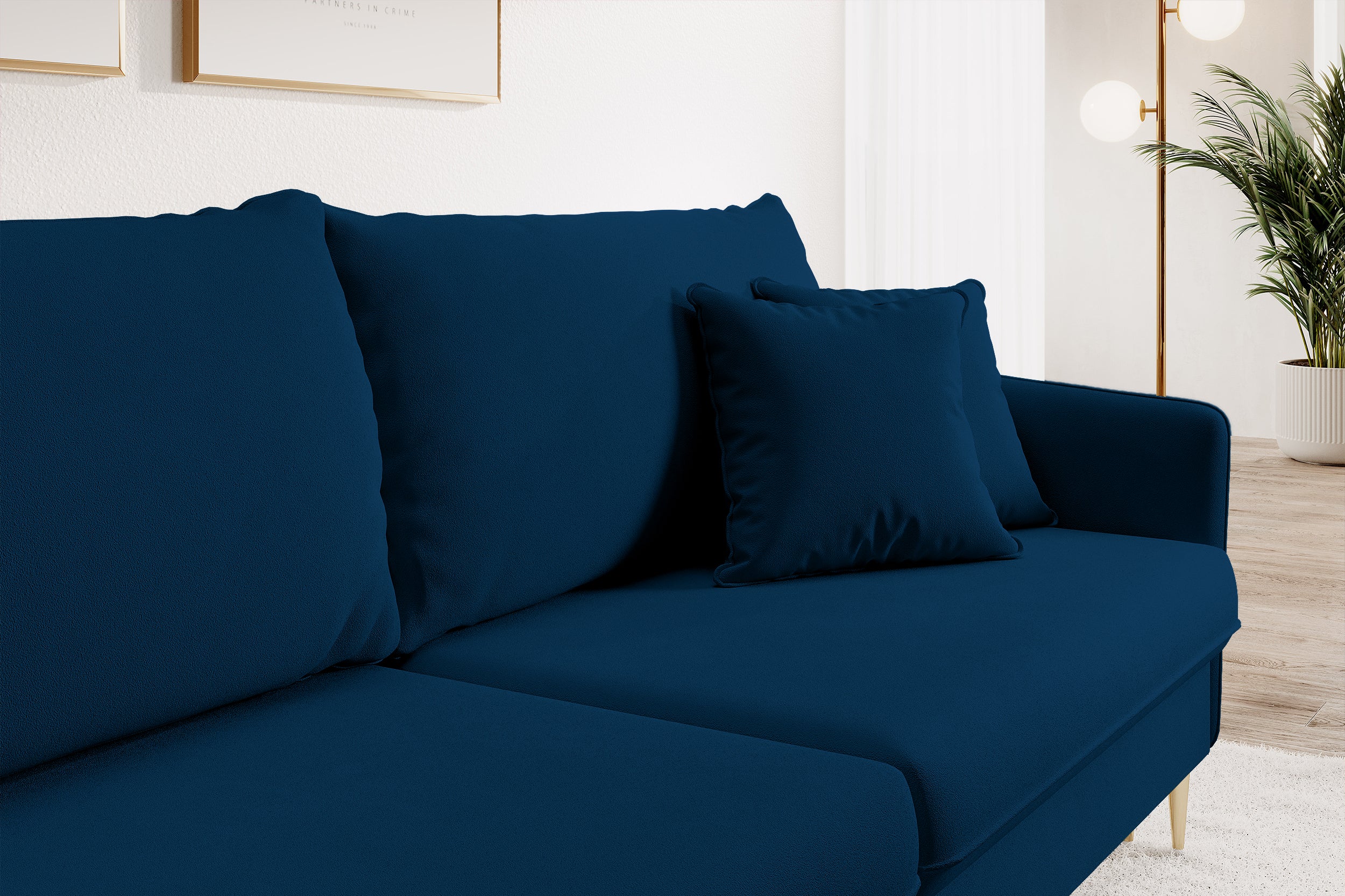 Dreisitziges ausklappbares Sofa Volio in Samtvelours, marineblau, wasserabweisend, mit goldfarbenen Beinen