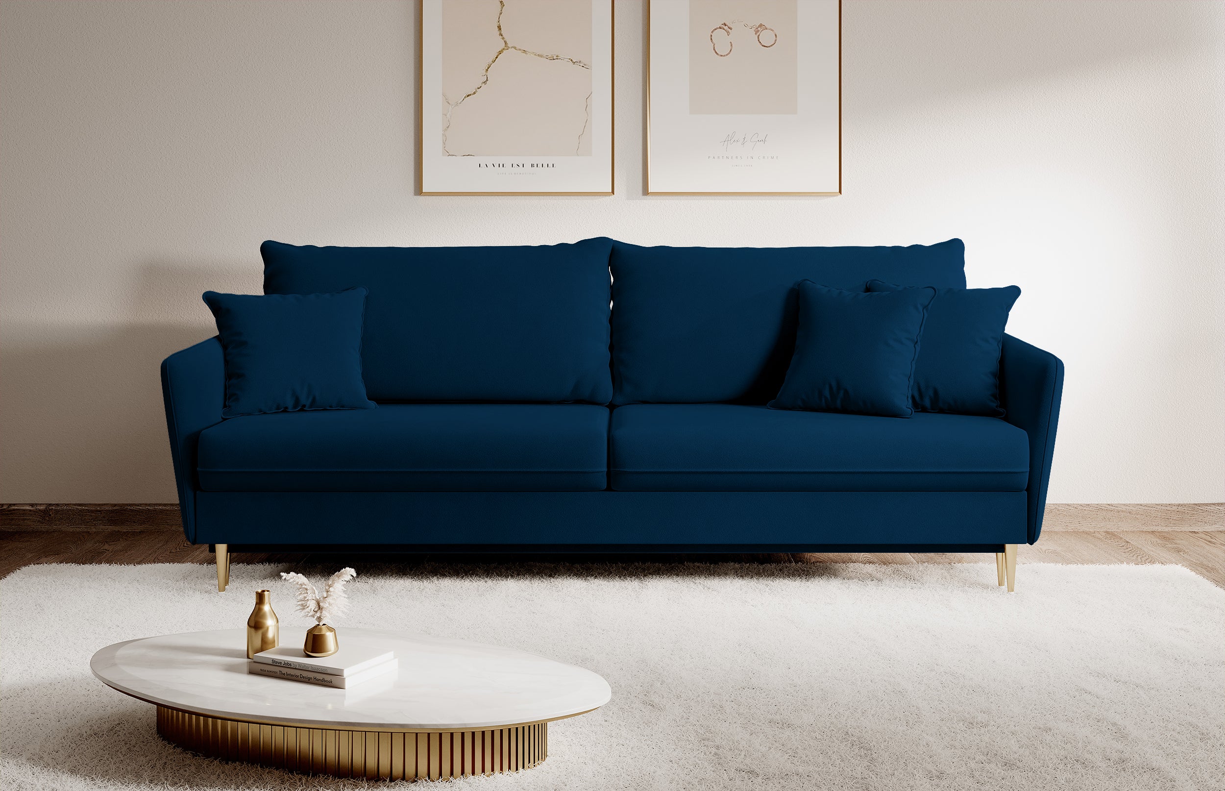 Dreisitziges ausklappbares Sofa Volio in Samtvelours, marineblau, wasserabweisend, mit goldfarbenen Beinen