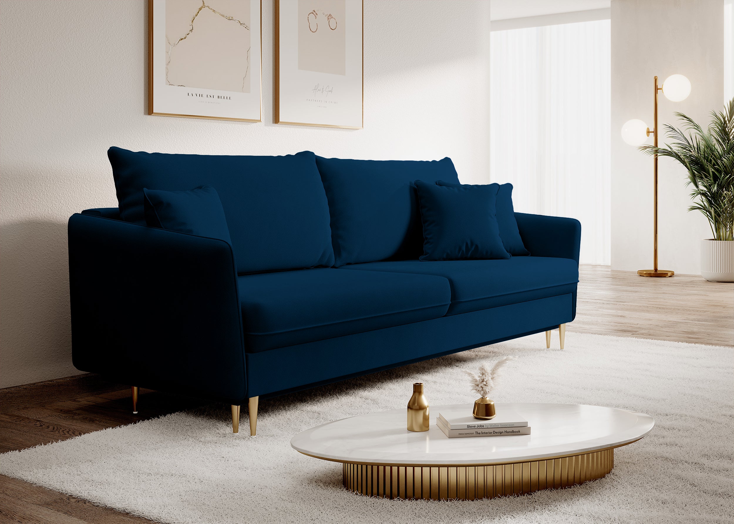 Dreisitziges ausklappbares Sofa Volio in Samtvelours, marineblau, wasserabweisend, mit goldfarbenen Beinen