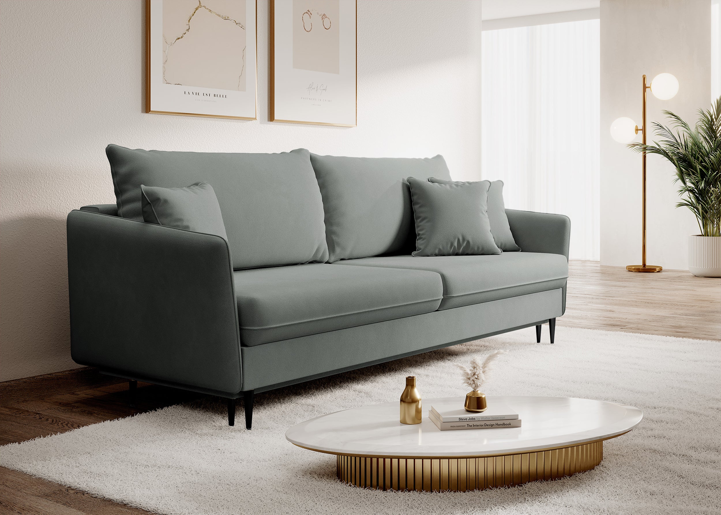 Dreisitziges ausklappbares Sofa Volio, grau, Velours, wasserabweisend, schwarze Beine