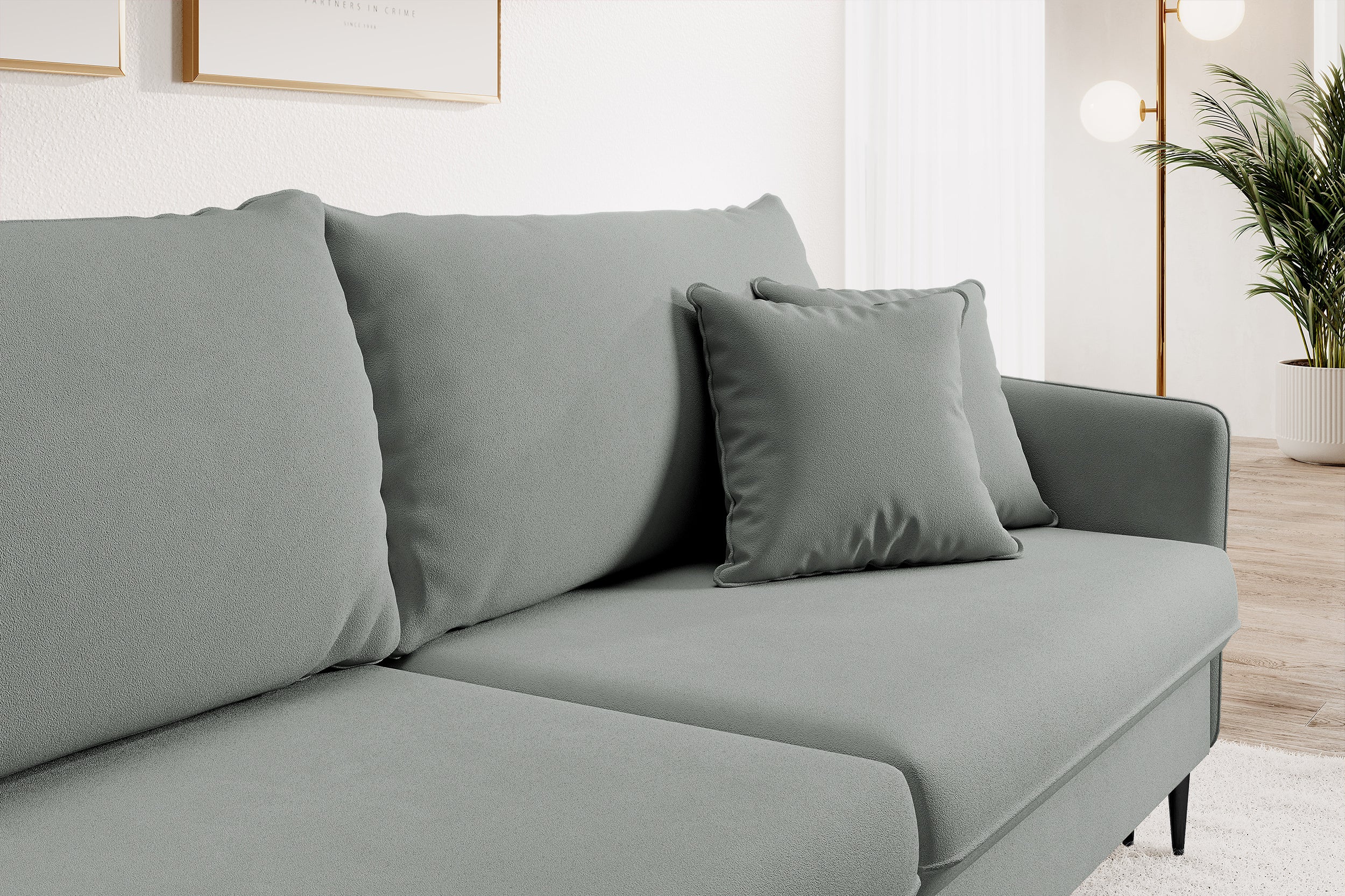 Dreisitziges ausklappbares Sofa Volio, grau, Velours, wasserabweisend, schwarze Beine