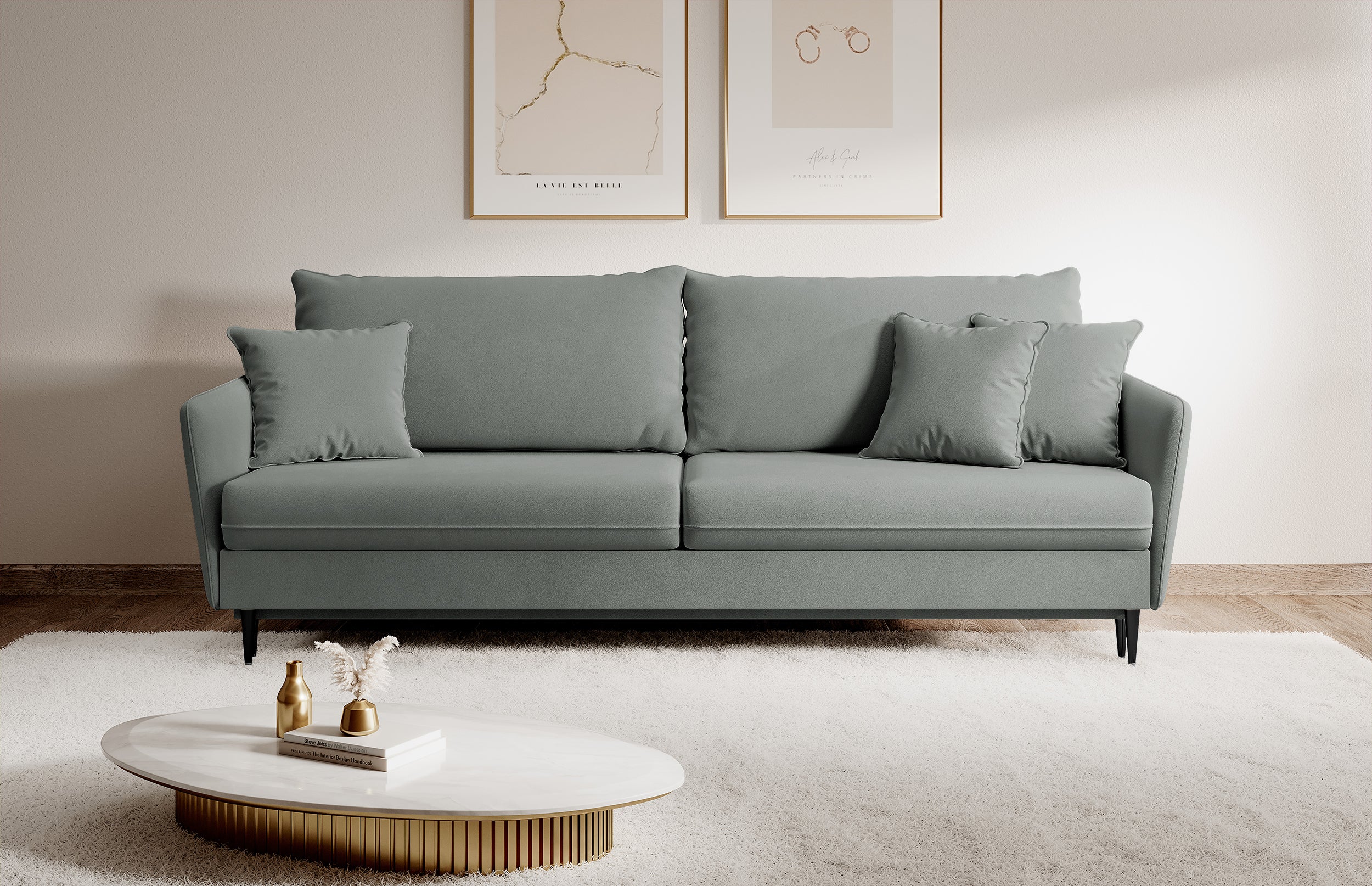 Dreisitziges ausklappbares Sofa Volio, grau, Velours, wasserabweisend, schwarze Beine