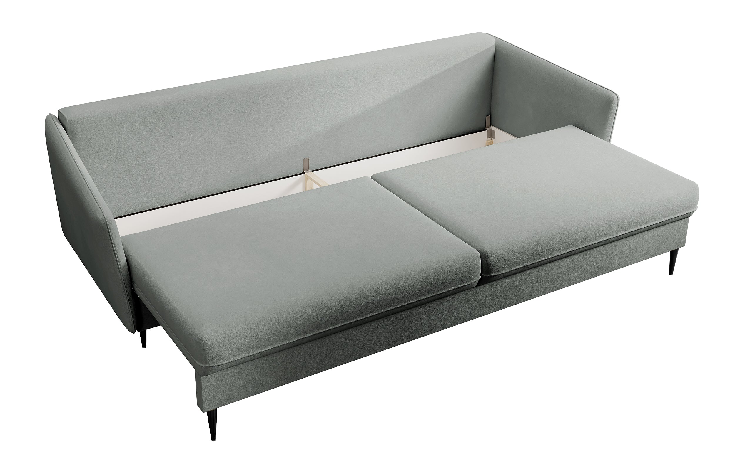 Dreisitziges ausklappbares Sofa Volio, grau, Velours, wasserabweisend, schwarze Beine