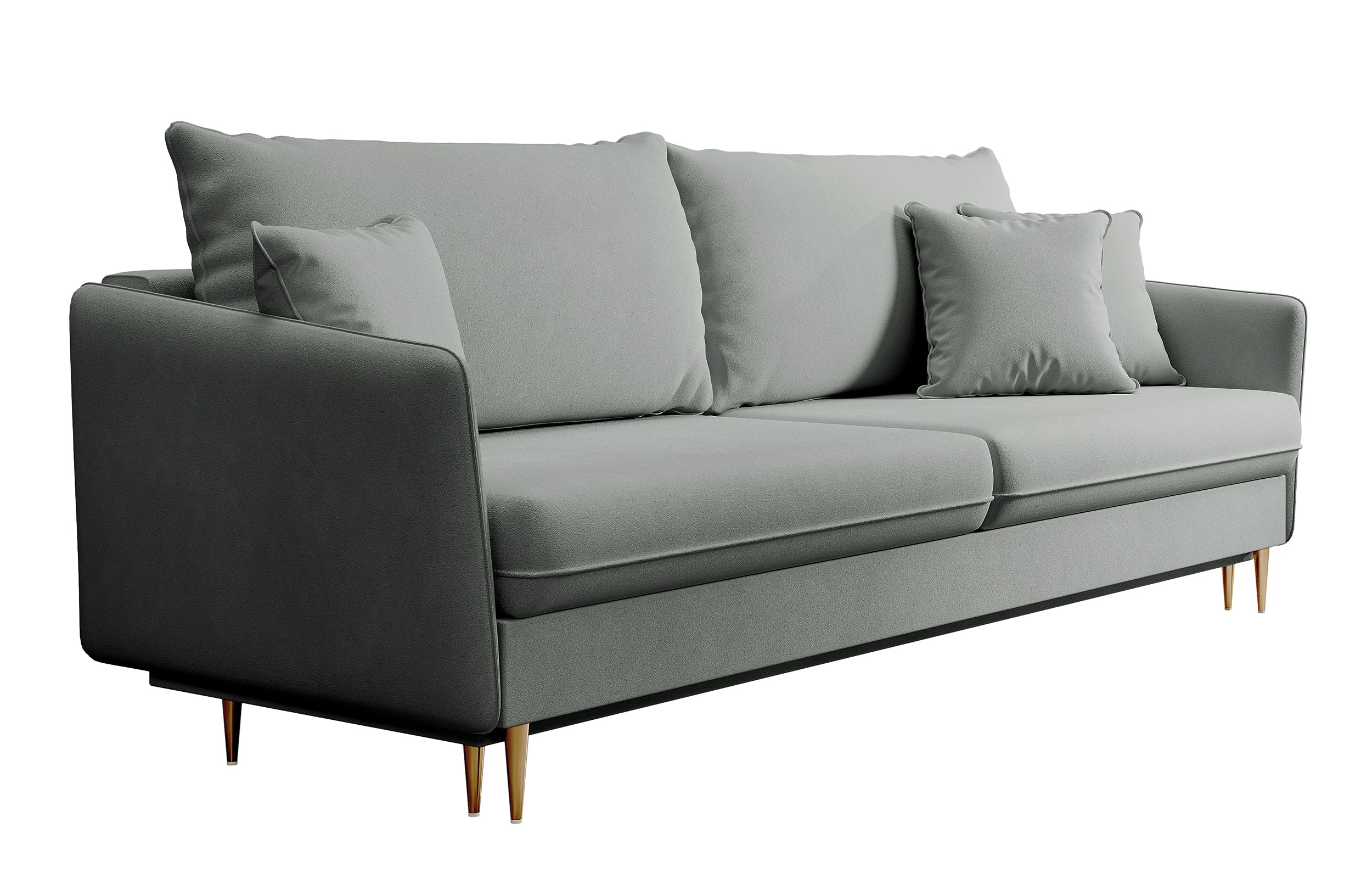 Dreisitziges ausklappbares Sofa Volio, grau, samt, wasserabweisend, goldene Beine