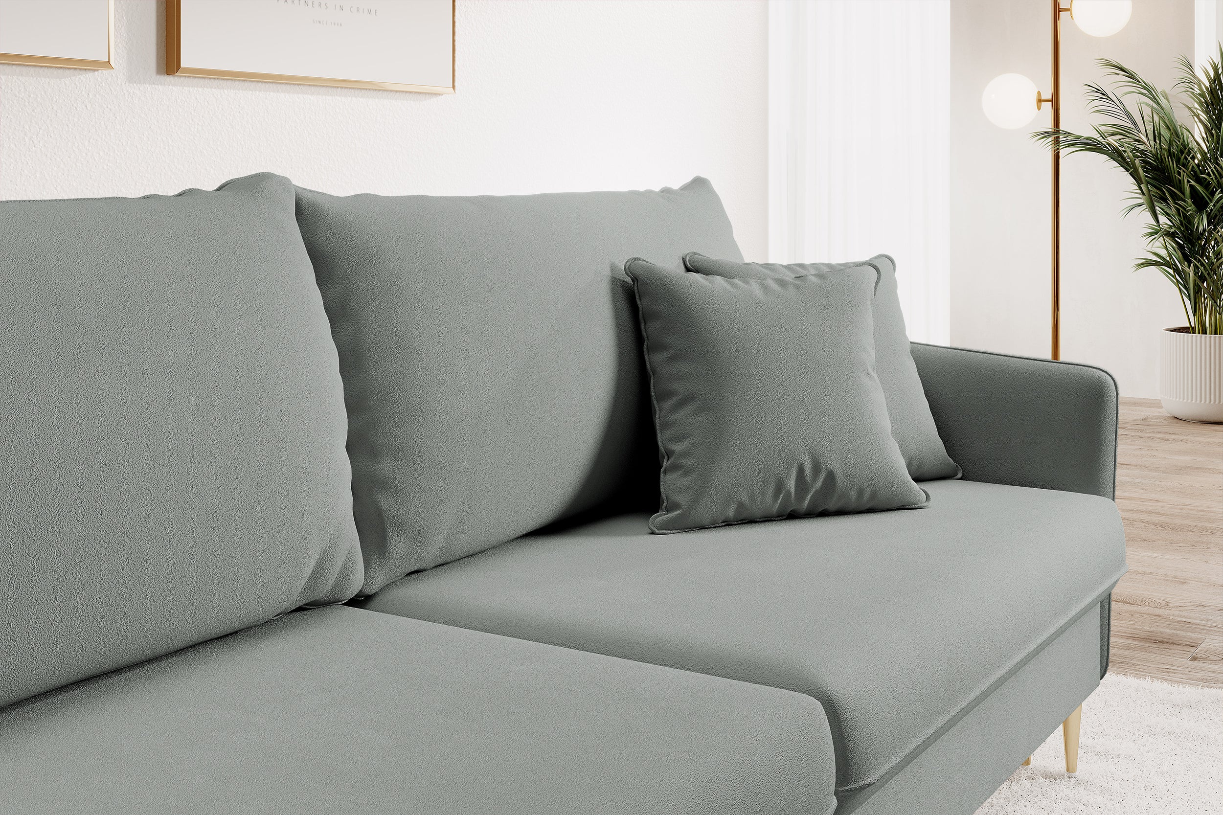 Dreisitziges ausklappbares Sofa Volio, grau, samt, wasserabweisend, goldene Beine