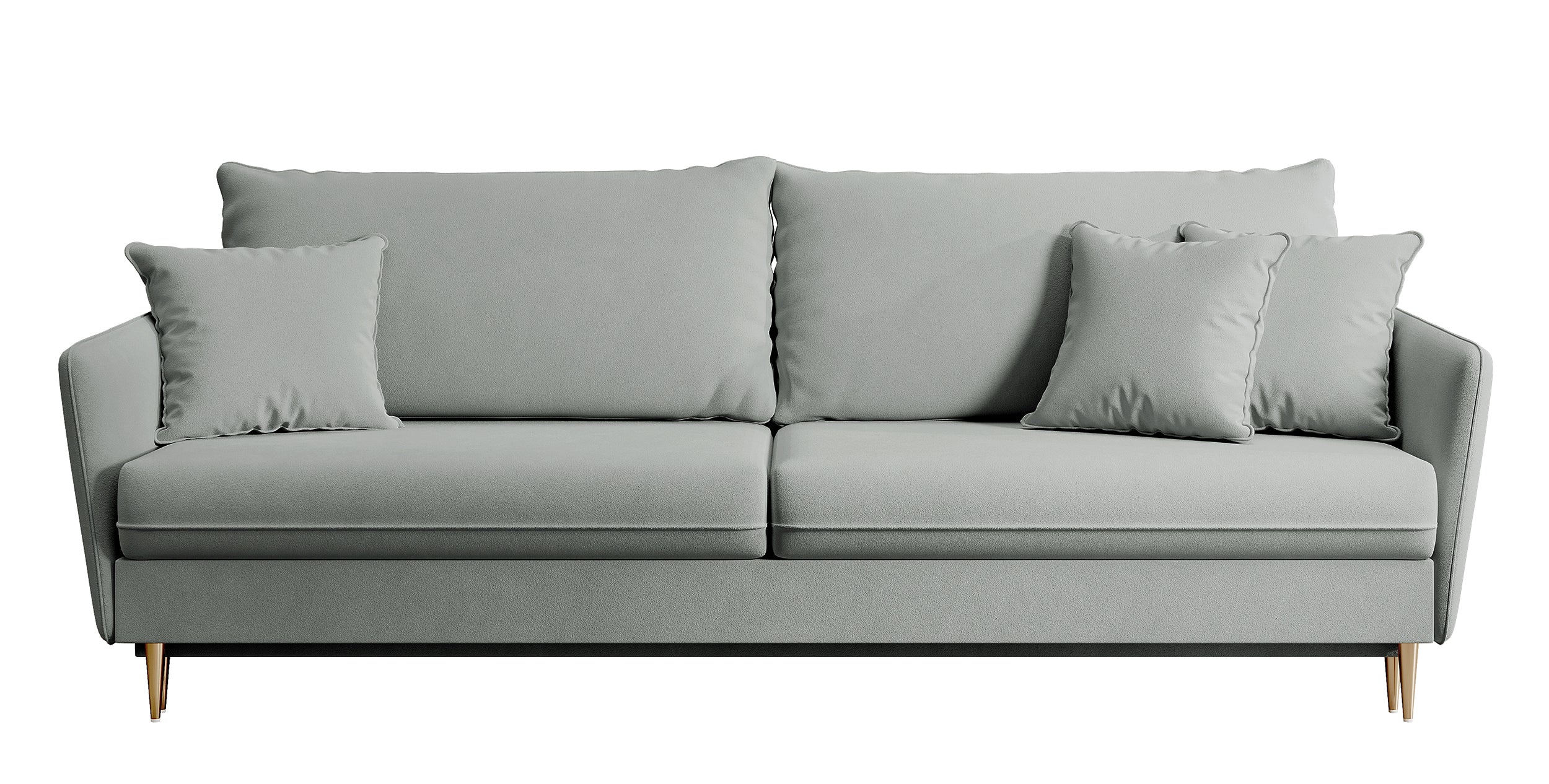 Dreisitziges ausklappbares Sofa Volio, grau, samt, wasserabweisend, goldene Beine