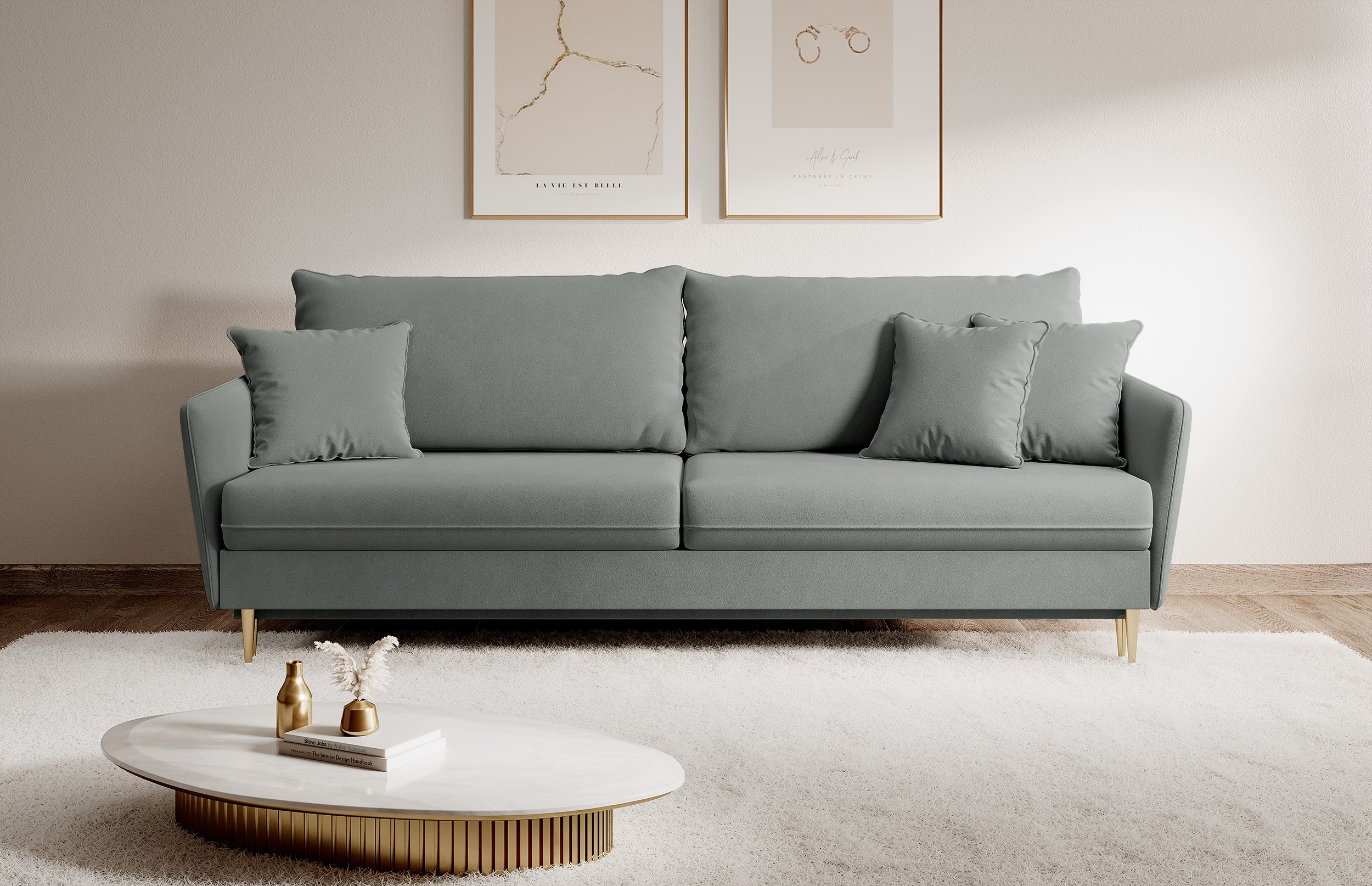 Dreisitziges ausklappbares Sofa Volio, grau, samt, wasserabweisend, goldene Beine