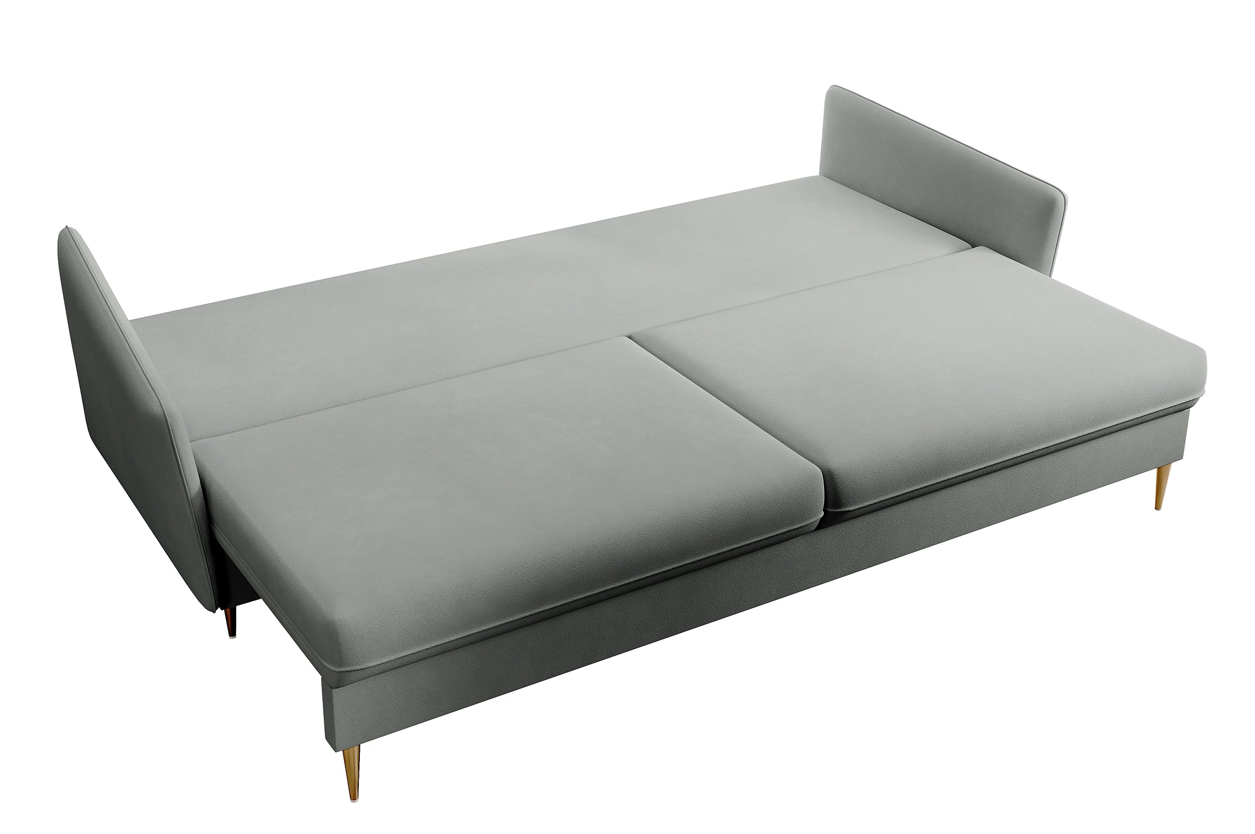 Dreisitziges ausklappbares Sofa Volio, grau, samt, wasserabweisend, goldene Beine
