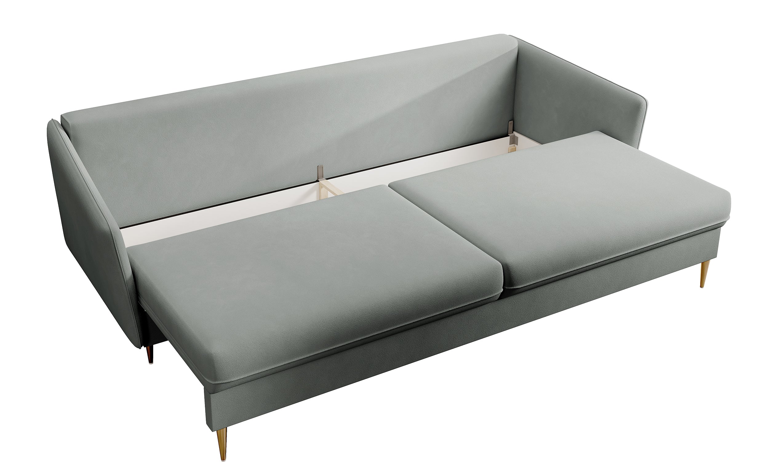 Dreisitziges ausklappbares Sofa Volio, grau, samt, wasserabweisend, goldene Beine