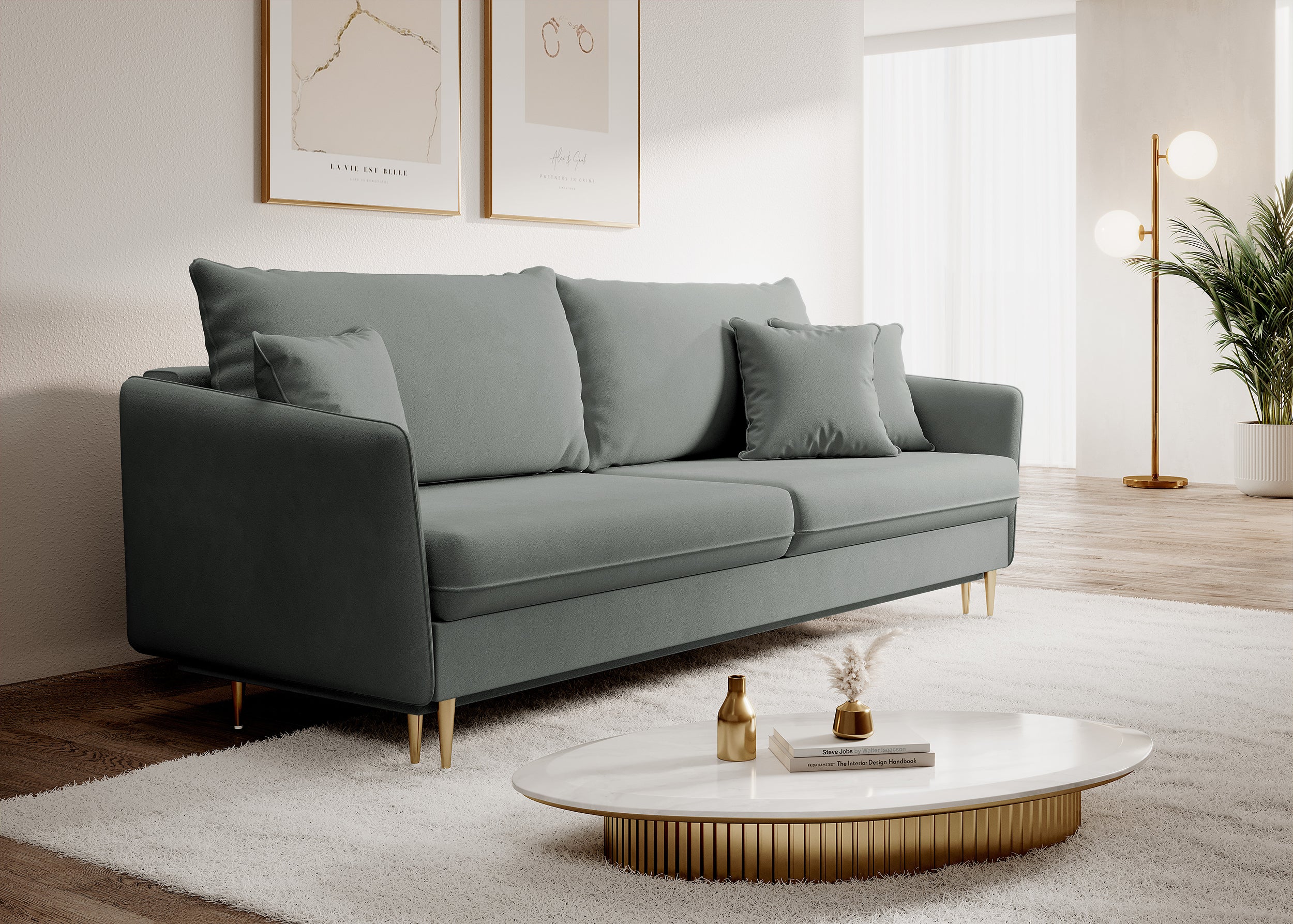 Dreisitziges ausklappbares Sofa Volio, grau, samt, wasserabweisend, goldene Beine