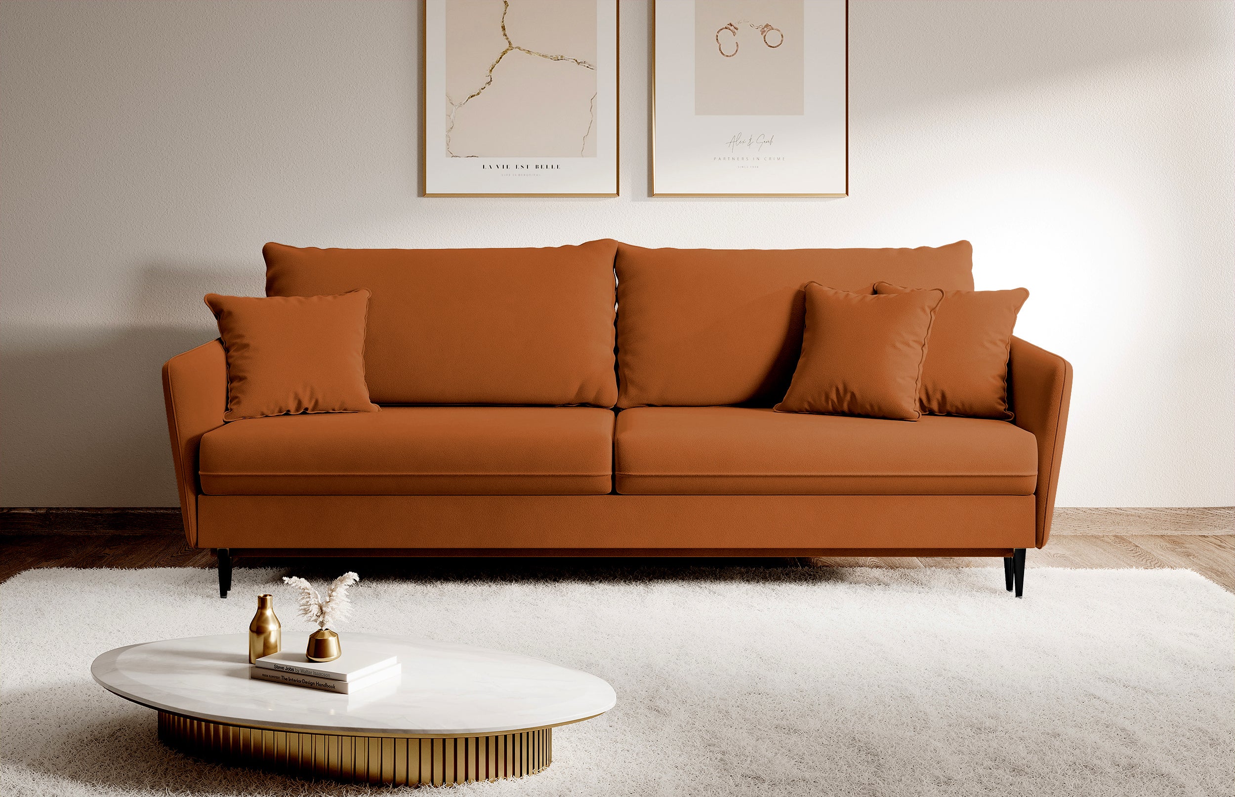 Dreisitziges ausklappbares Sofa Volio in kupferfarbenem Samt, hydrophob, schwarze Beine