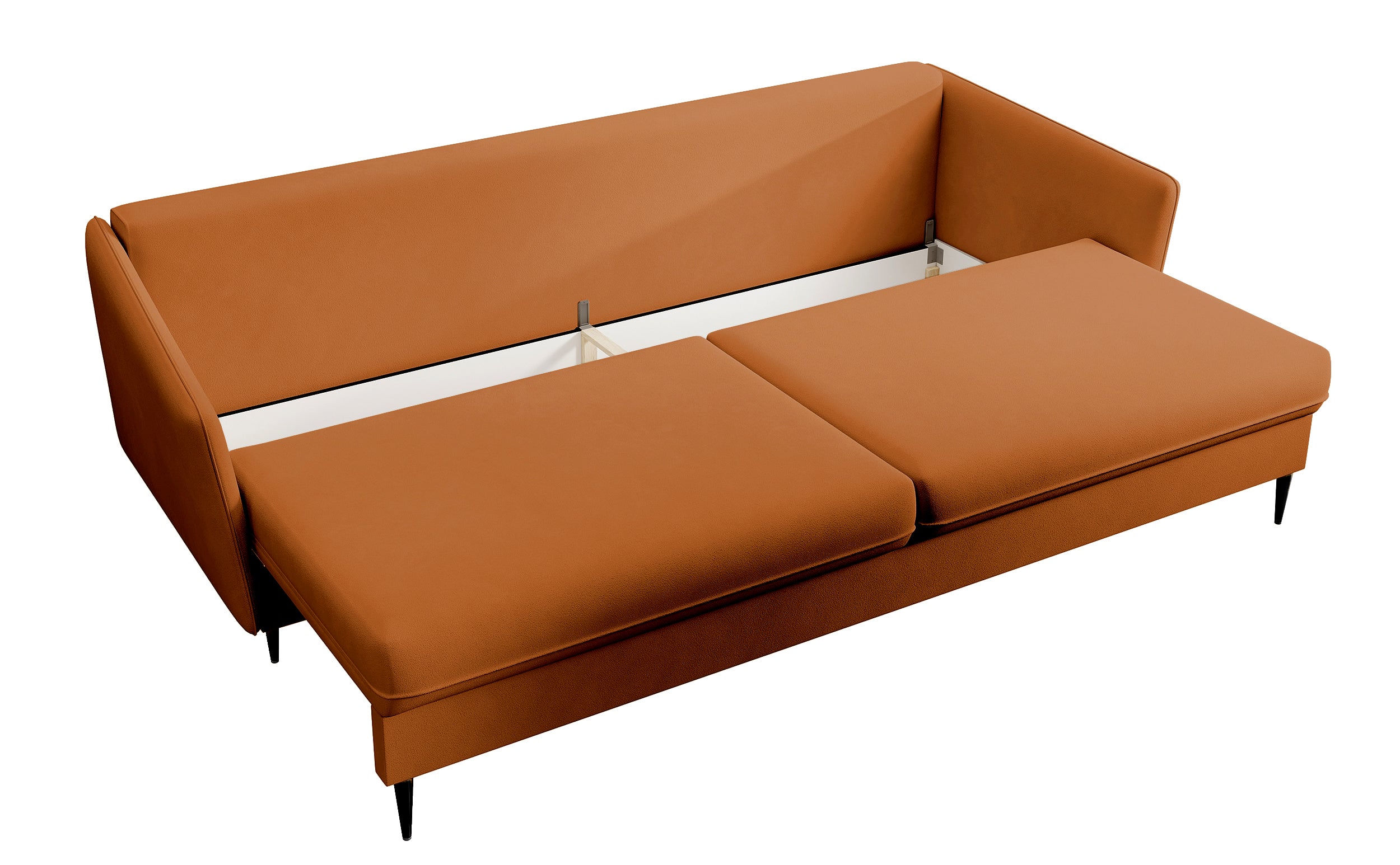 Dreisitziges ausklappbares Sofa Volio in kupferfarbenem Samt, hydrophob, schwarze Beine