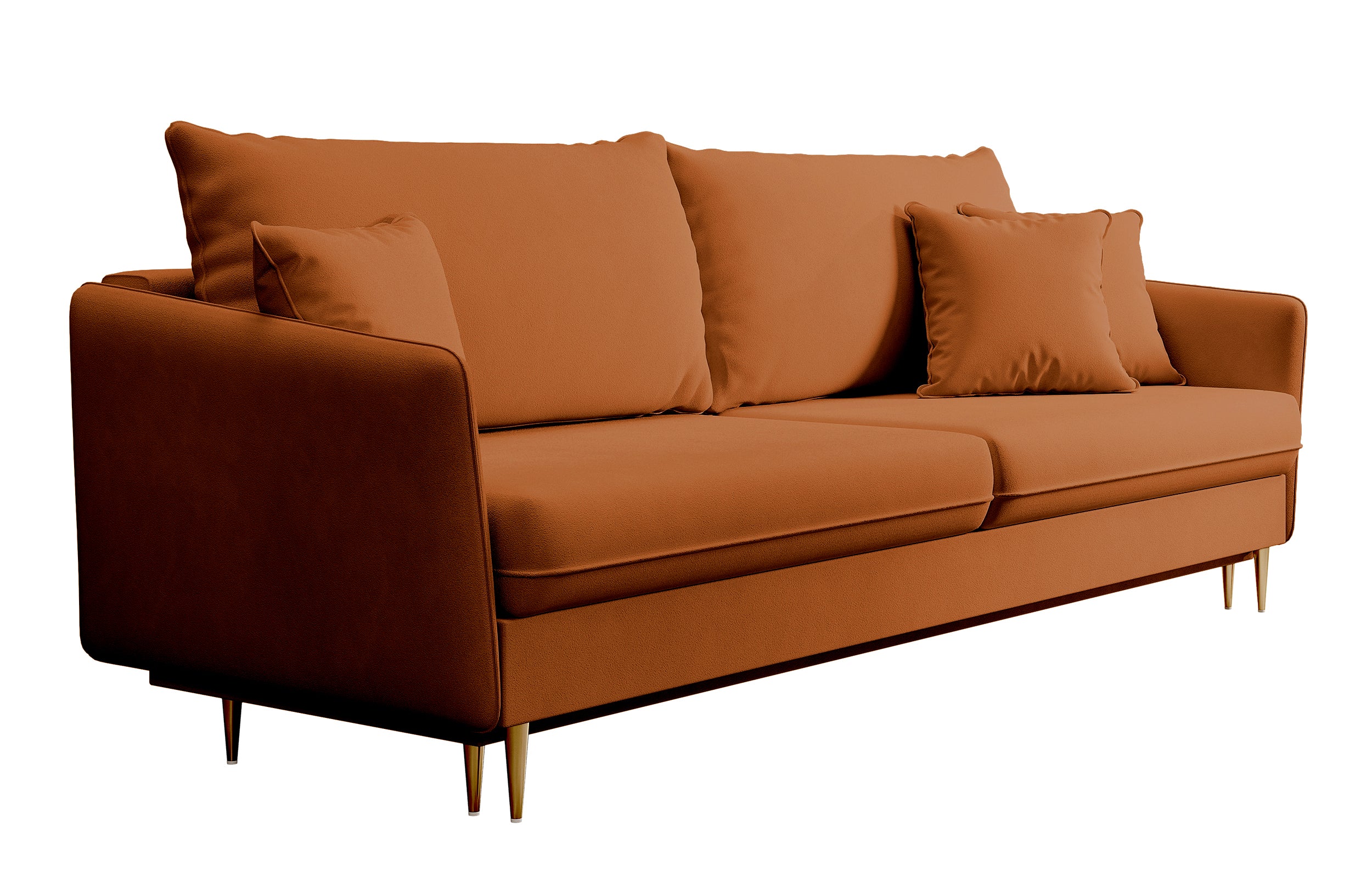 Dreisitziges ausklappbares Sofa Volio, kupferfarbenes Samt, wasserabweisend, goldene Beine