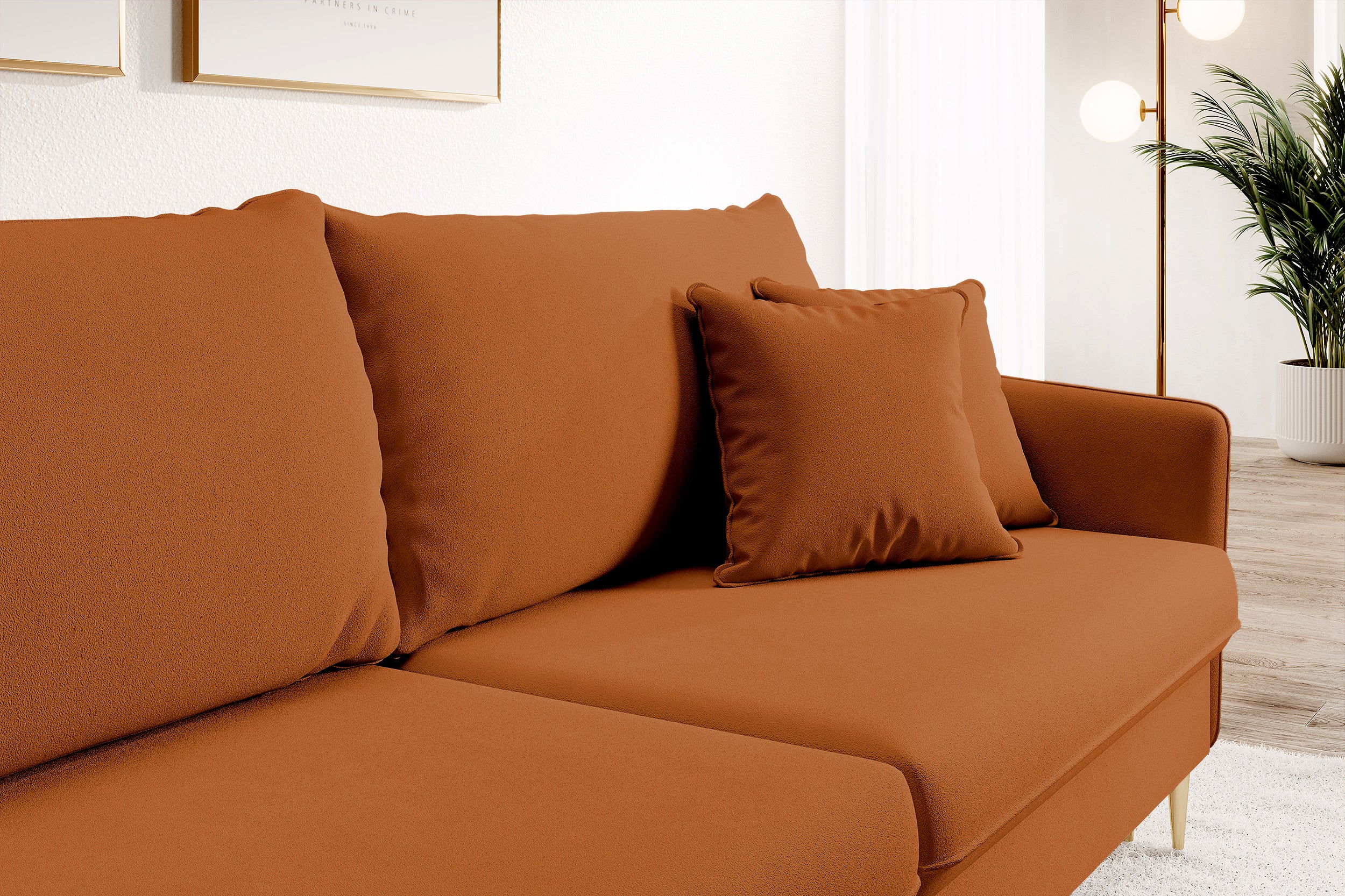 Dreisitziges ausklappbares Sofa Volio, kupferfarbenes Samt, wasserabweisend, goldene Beine