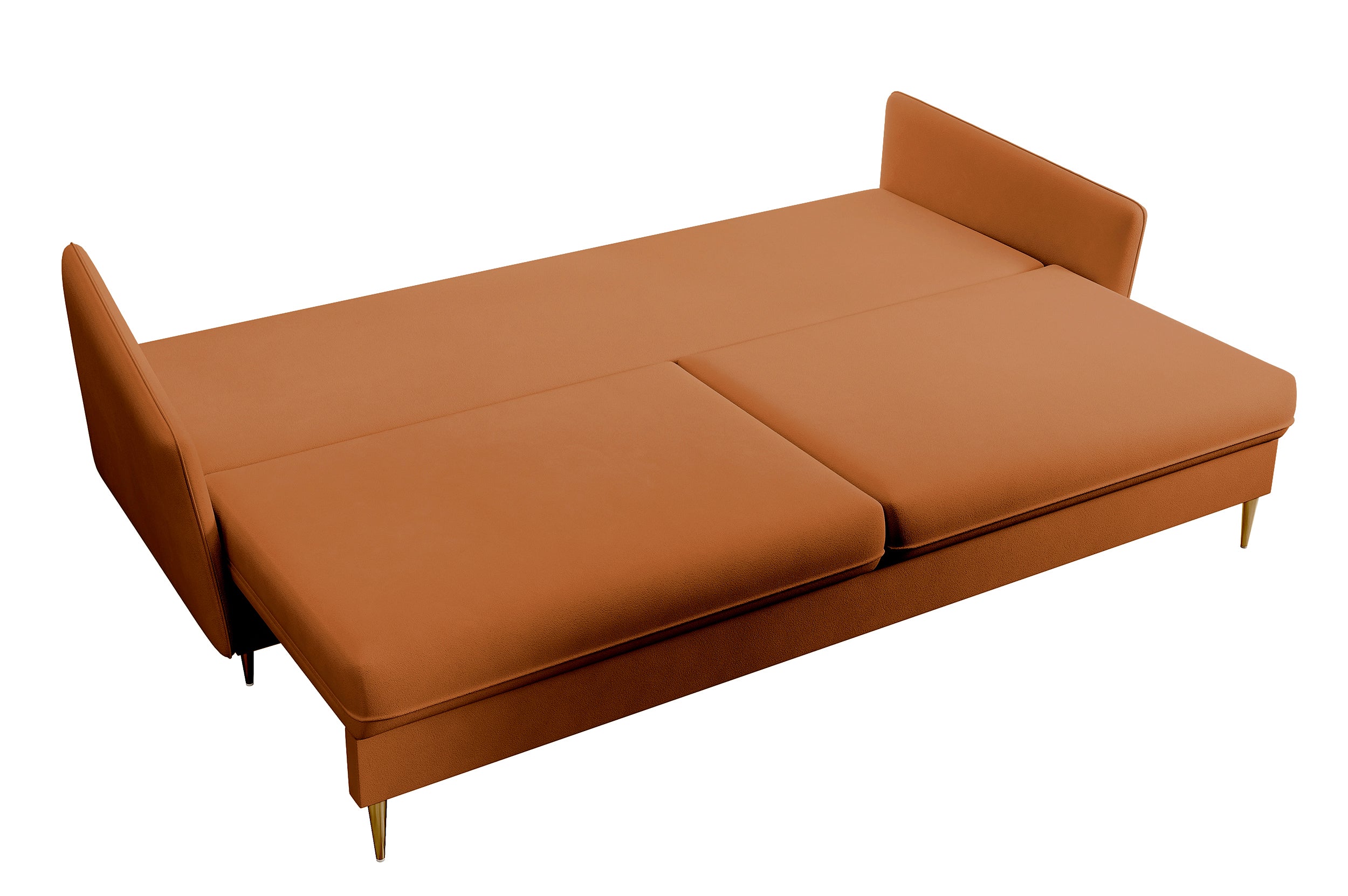 Dreisitziges ausklappbares Sofa Volio, kupferfarbenes Samt, wasserabweisend, goldene Beine