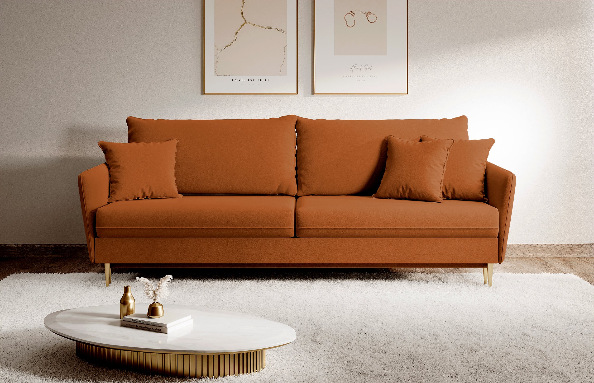 Dreisitziges ausklappbares Sofa Volio, kupferfarbenes Samt, wasserabweisend, goldene Beine