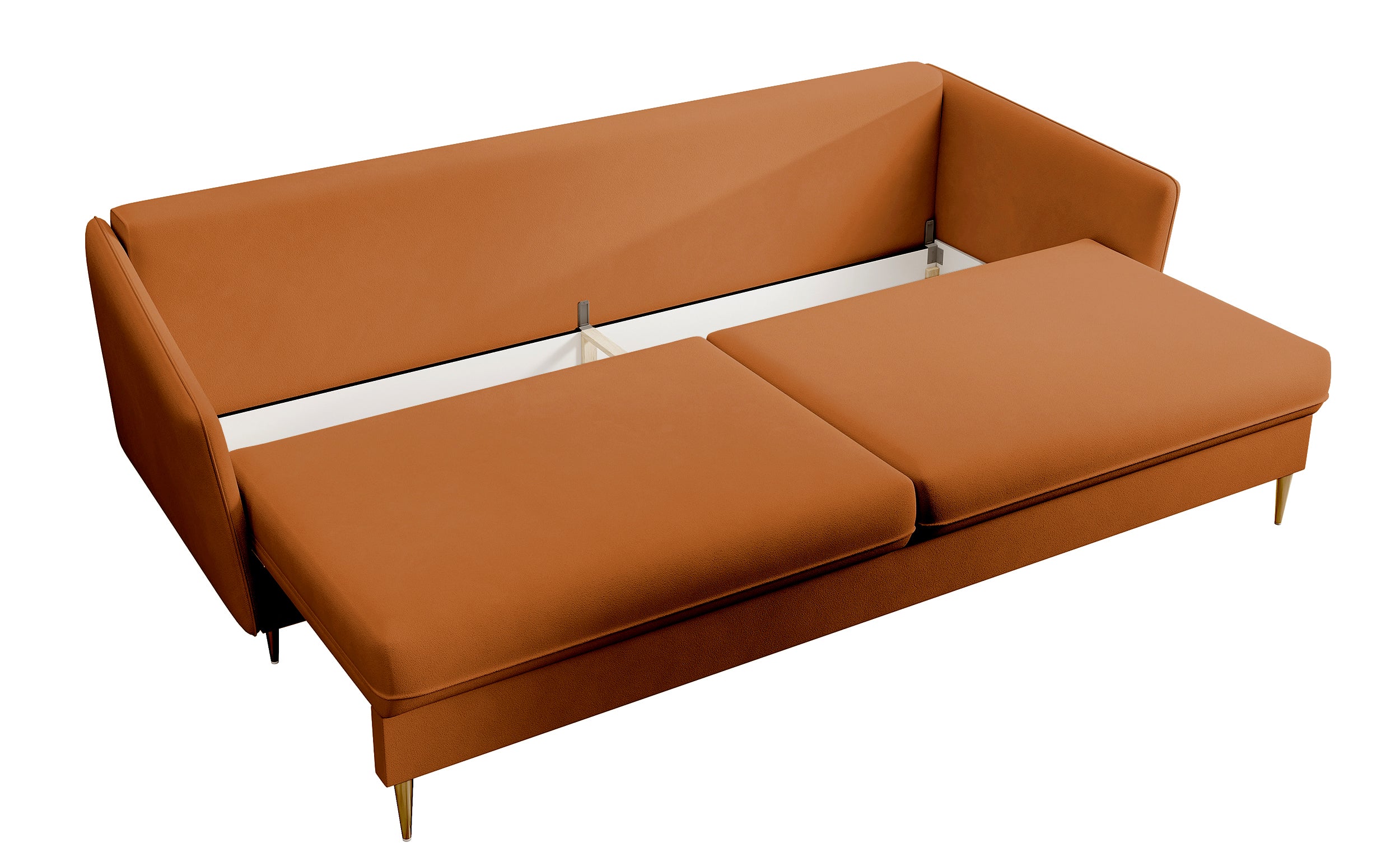 Dreisitziges ausklappbares Sofa Volio, kupferfarbenes Samt, wasserabweisend, goldene Beine