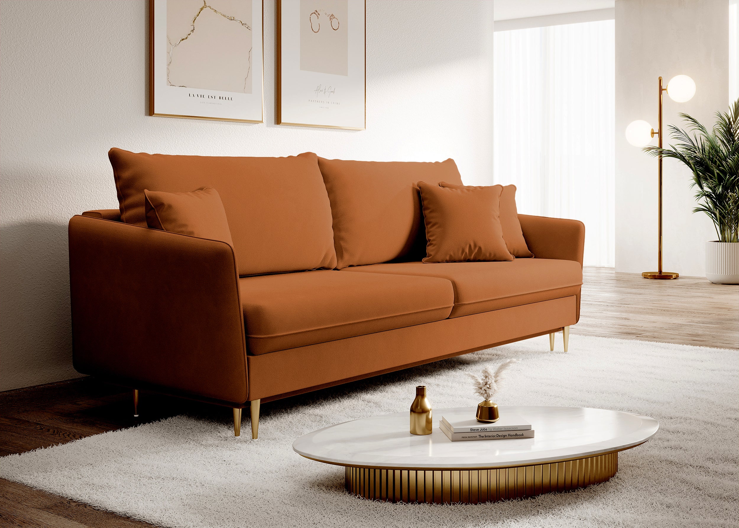 Dreisitziges ausklappbares Sofa Volio, kupferfarbenes Samt, wasserabweisend, goldene Beine