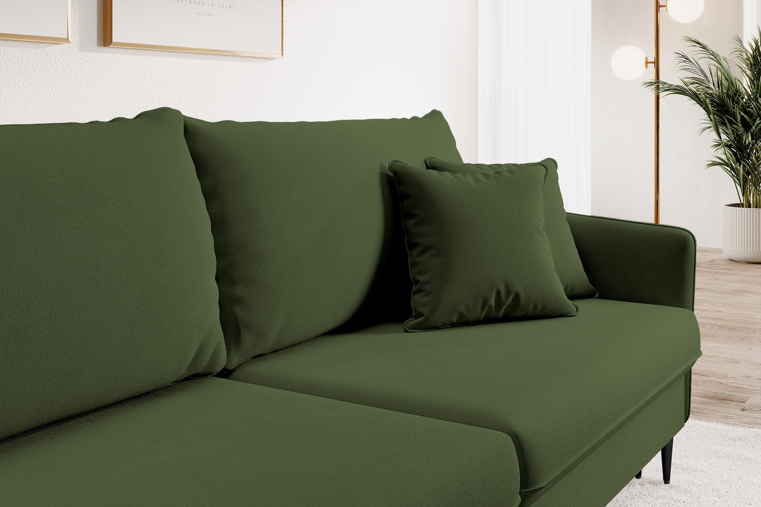Dreisitziges ausklappbares Sofa Volio, olivfarben, Samt, wasserabweisend, schwarze Beine