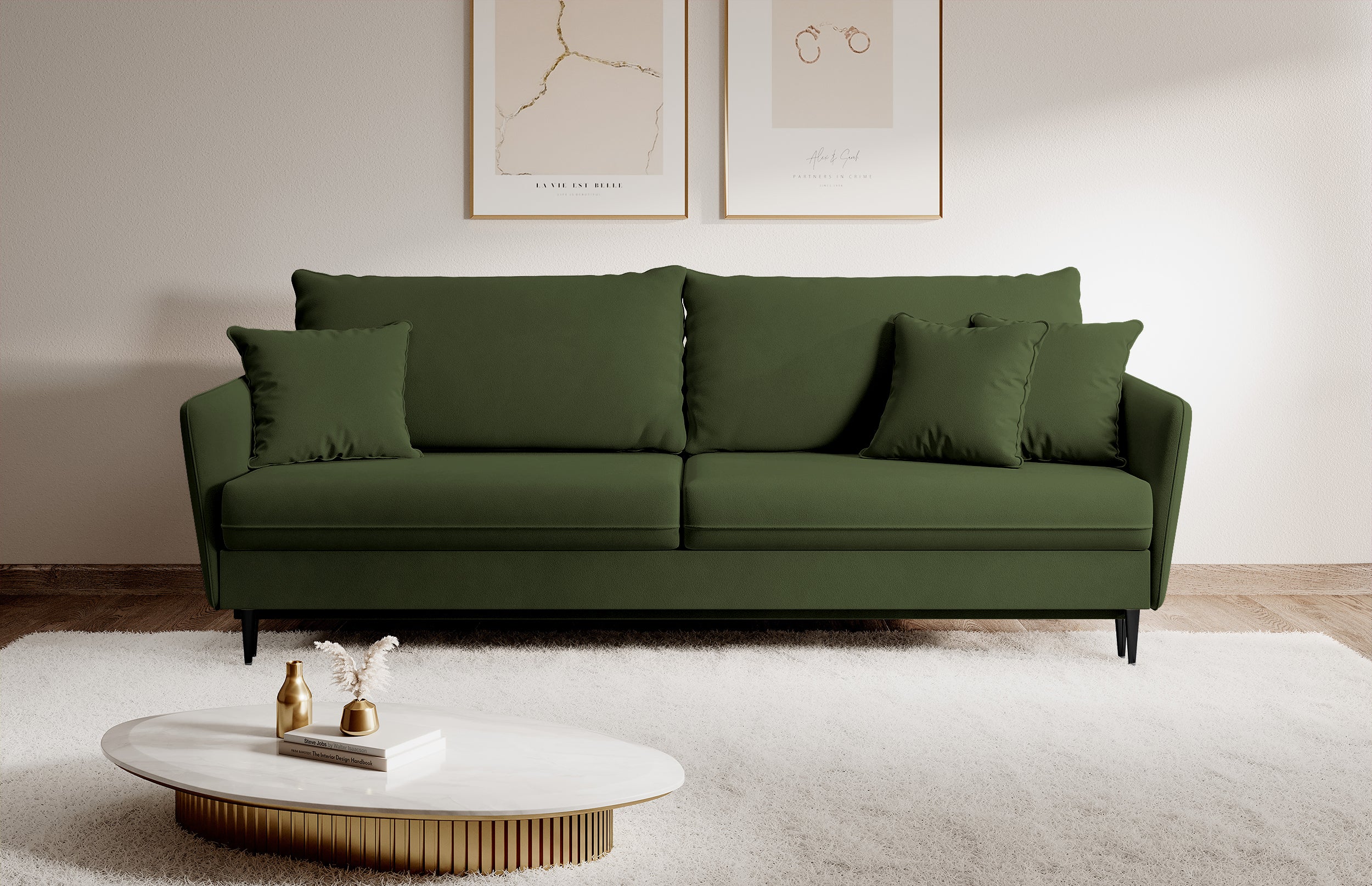 Dreisitziges ausklappbares Sofa Volio, olivfarben, Samt, wasserabweisend, schwarze Beine