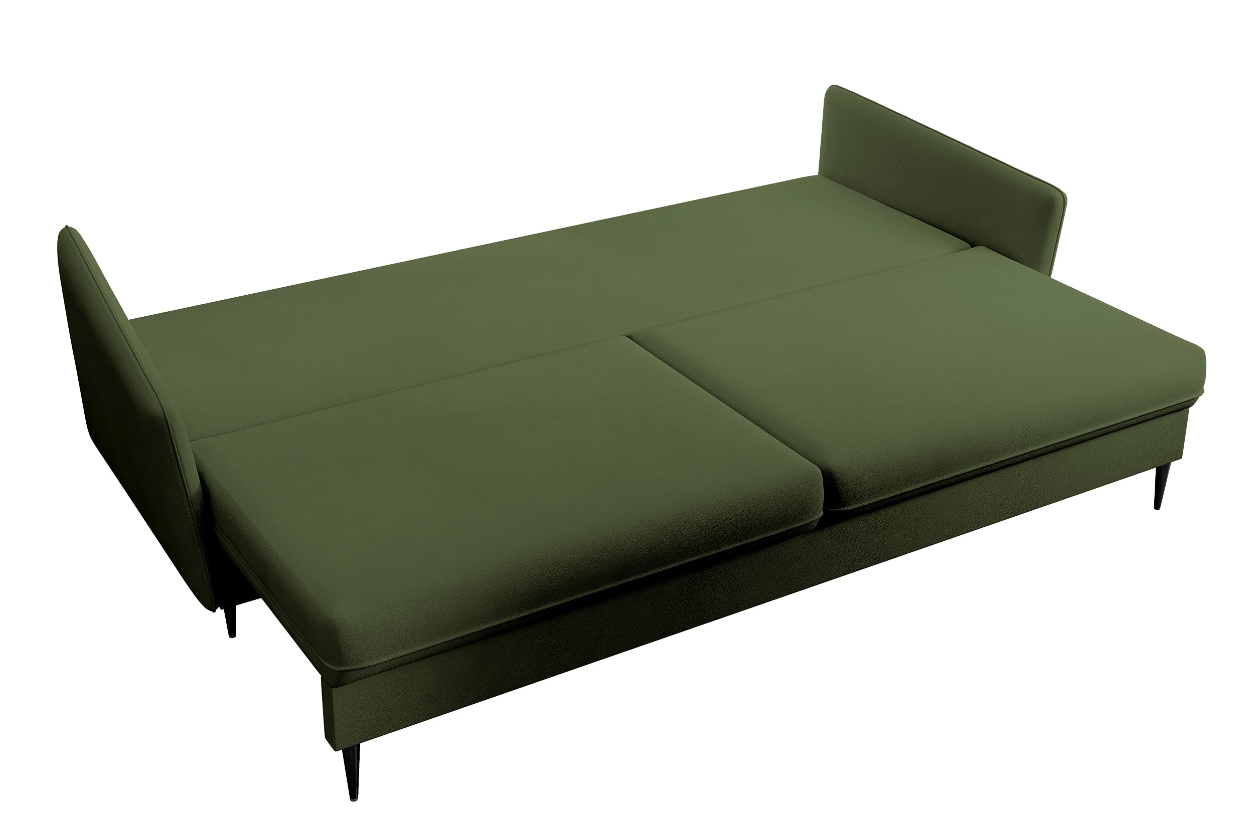 Dreisitziges ausklappbares Sofa Volio, olivfarben, Samt, wasserabweisend, schwarze Beine