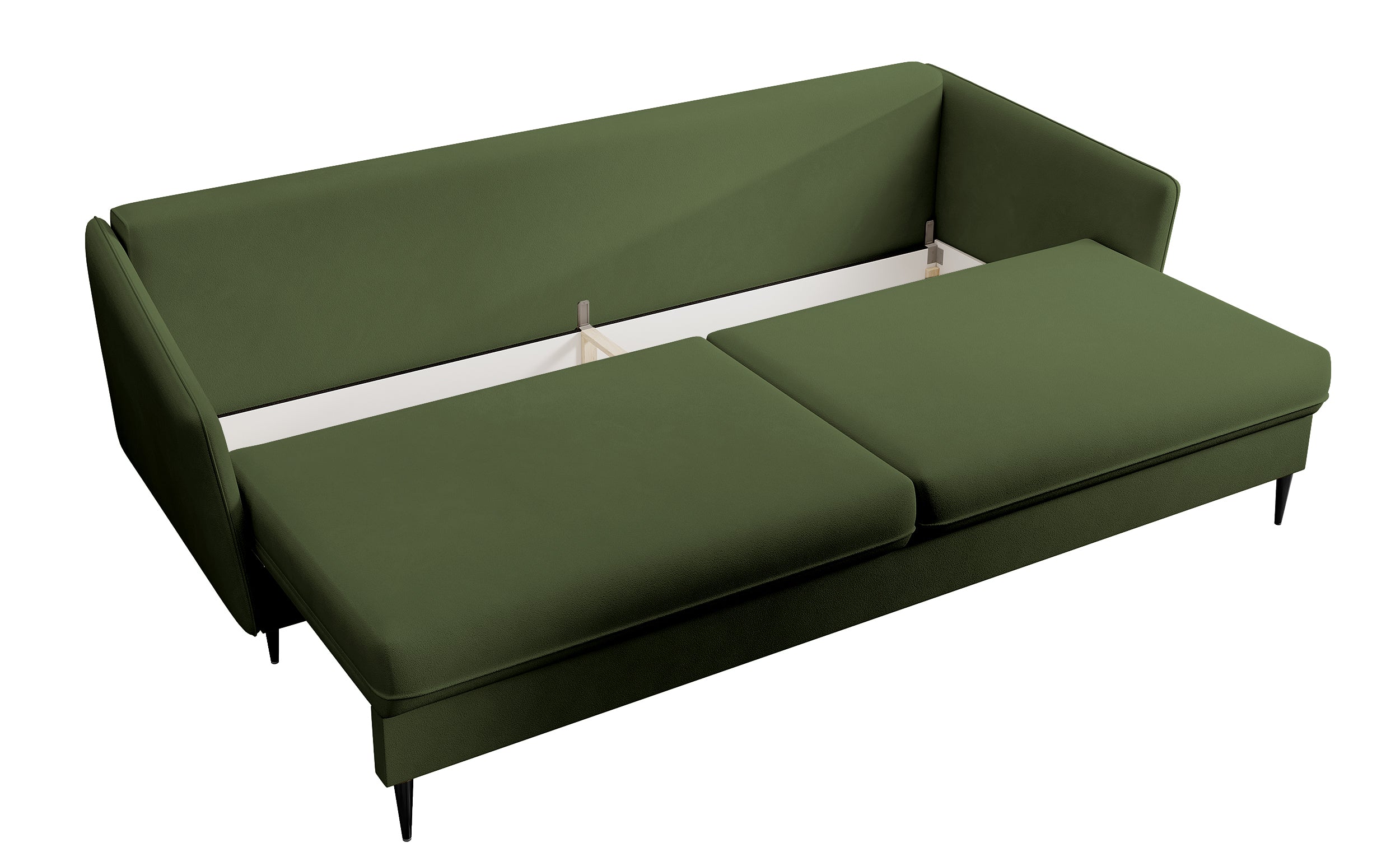 Dreisitziges ausklappbares Sofa Volio, olivfarben, Samt, wasserabweisend, schwarze Beine