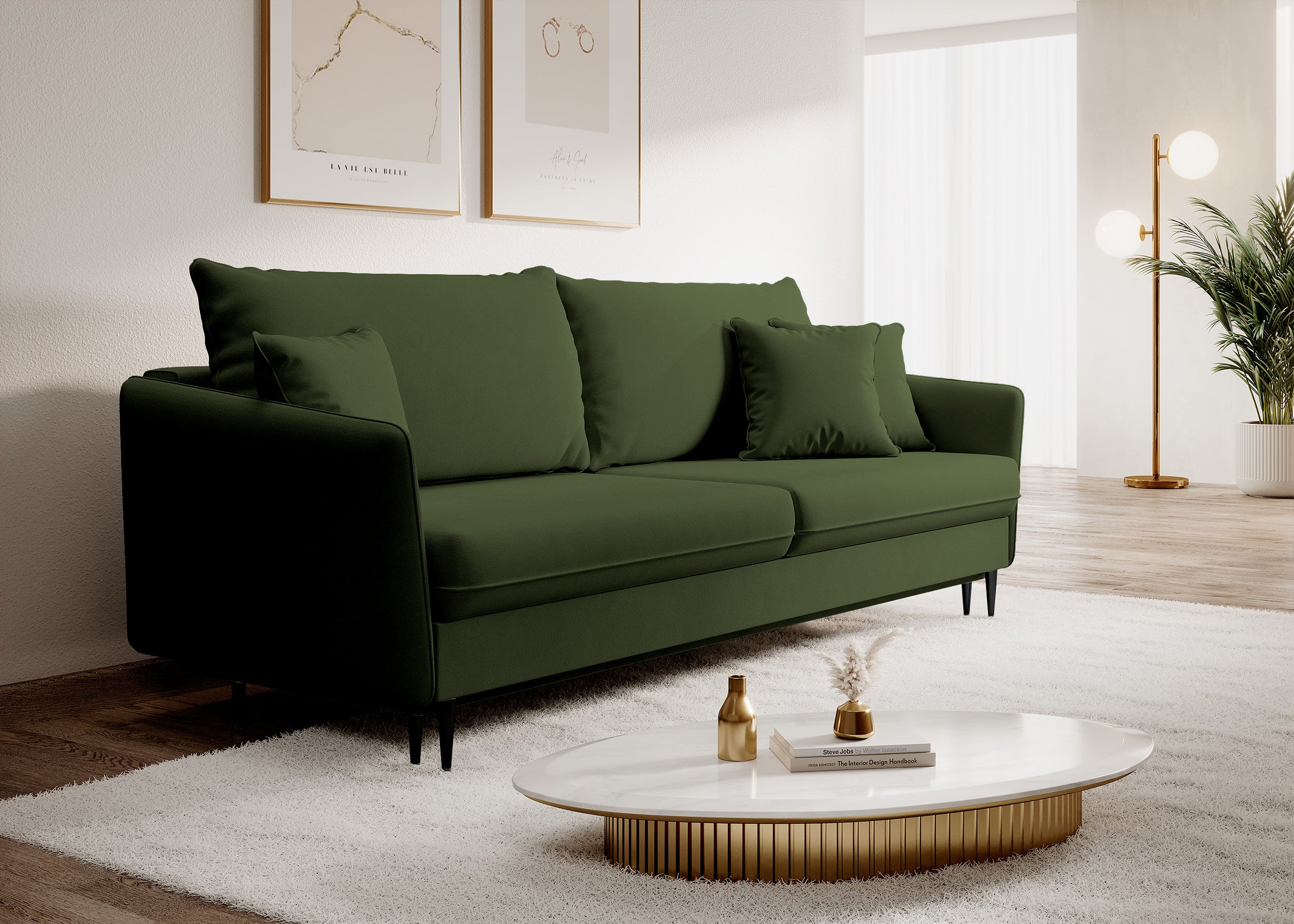 Dreisitziges ausklappbares Sofa Volio, olivfarben, Samt, wasserabweisend, schwarze Beine