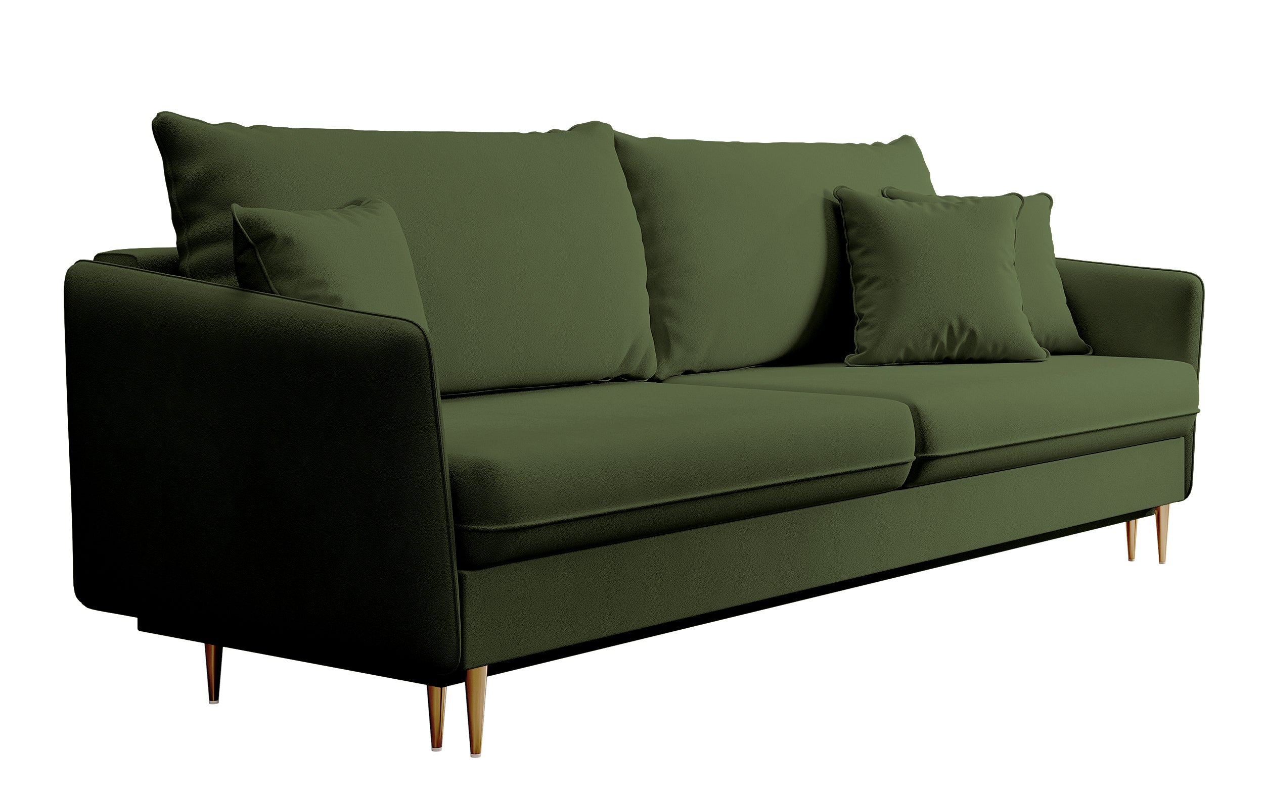 Dreisitziges ausklappbares Sofa Volio, olivgrüner Samt, wasserabweisend, goldene Beine
