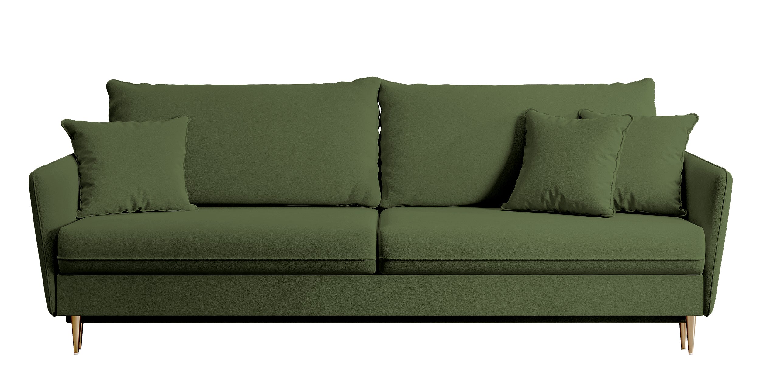 Dreisitziges ausklappbares Sofa Volio, olivgrüner Samt, wasserabweisend, goldene Beine
