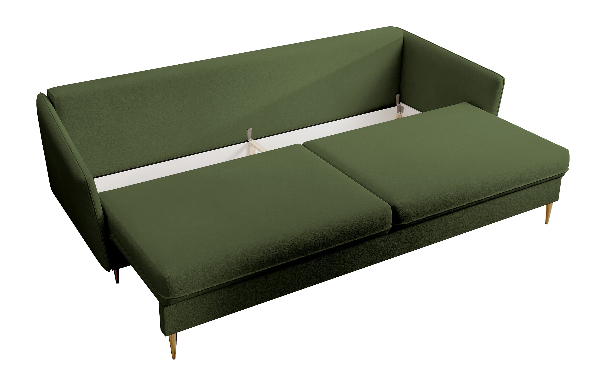 Dreisitziges ausklappbares Sofa Volio, olivgrüner Samt, wasserabweisend, goldene Beine