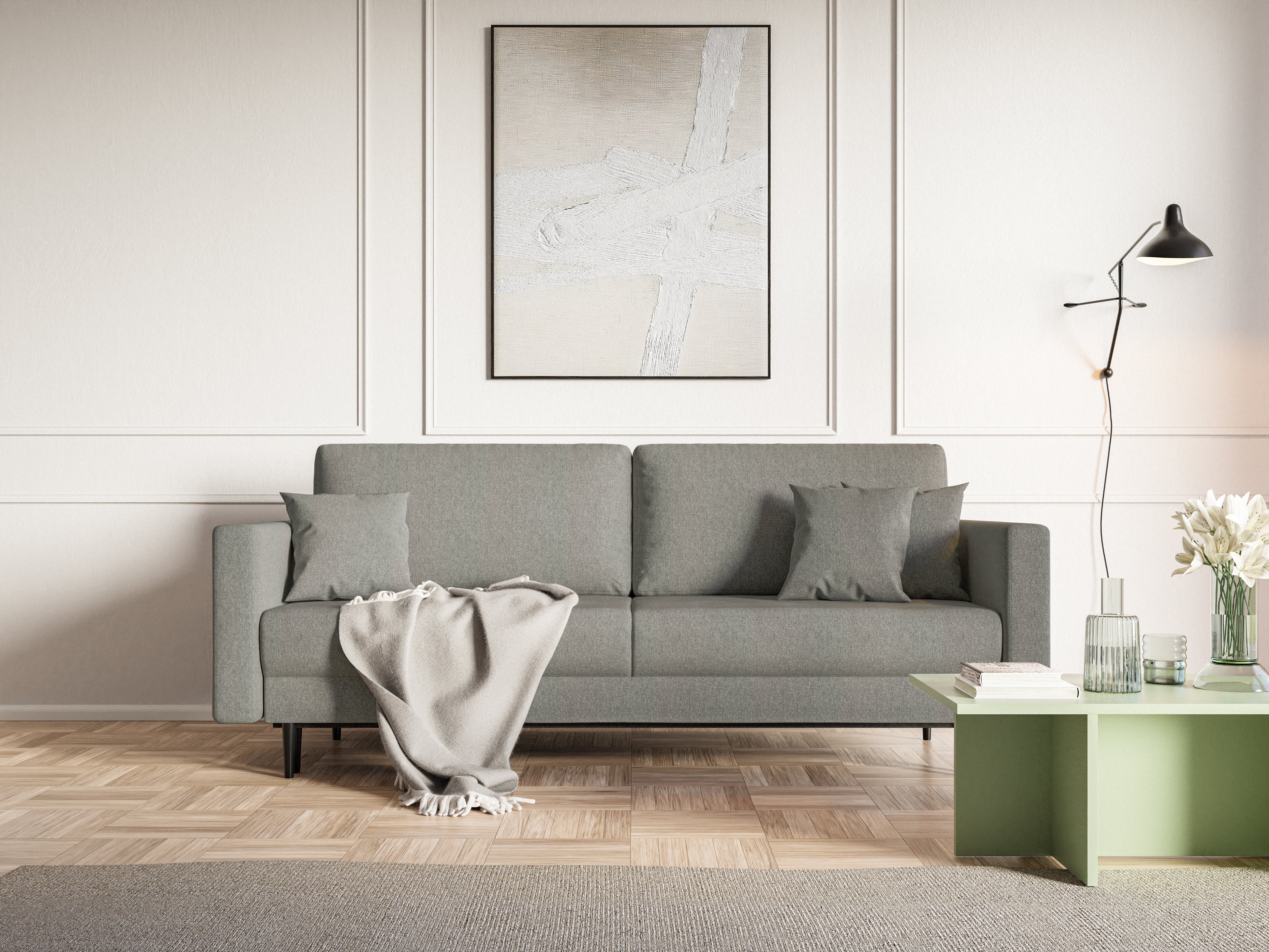 Ausziehbares Dreisitzer-Sofa Valico in Grau aus pflegeleichtem Chenille-Stoff, schwarze Beine